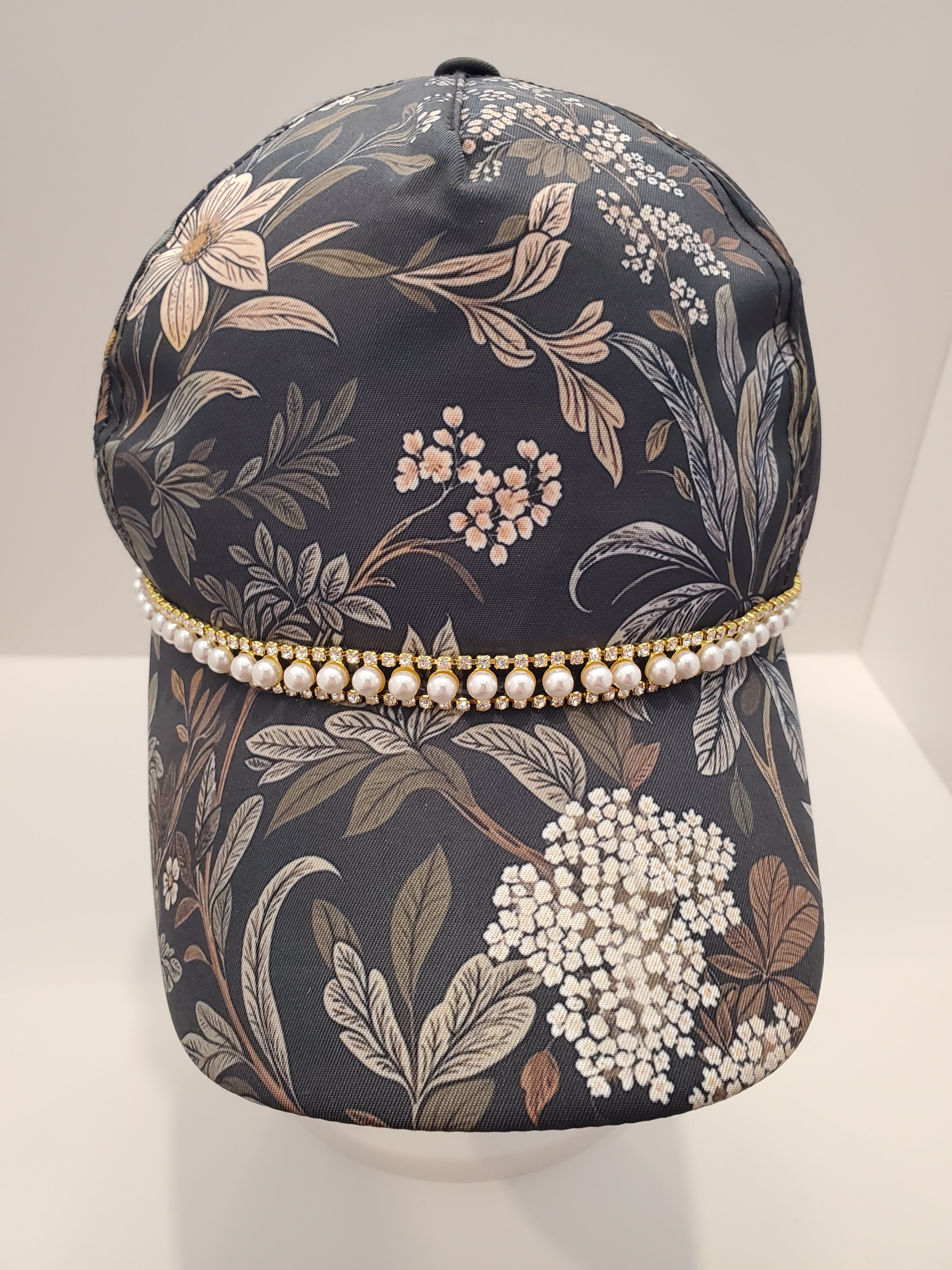 Floral Satin Pearl Accent Baseball Cap