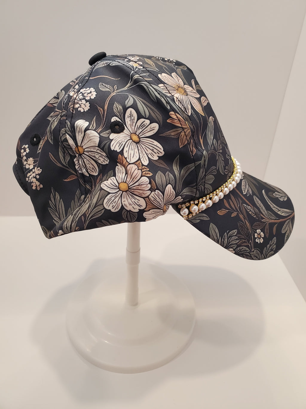 Floral Satin Pearl Accent Baseball Cap