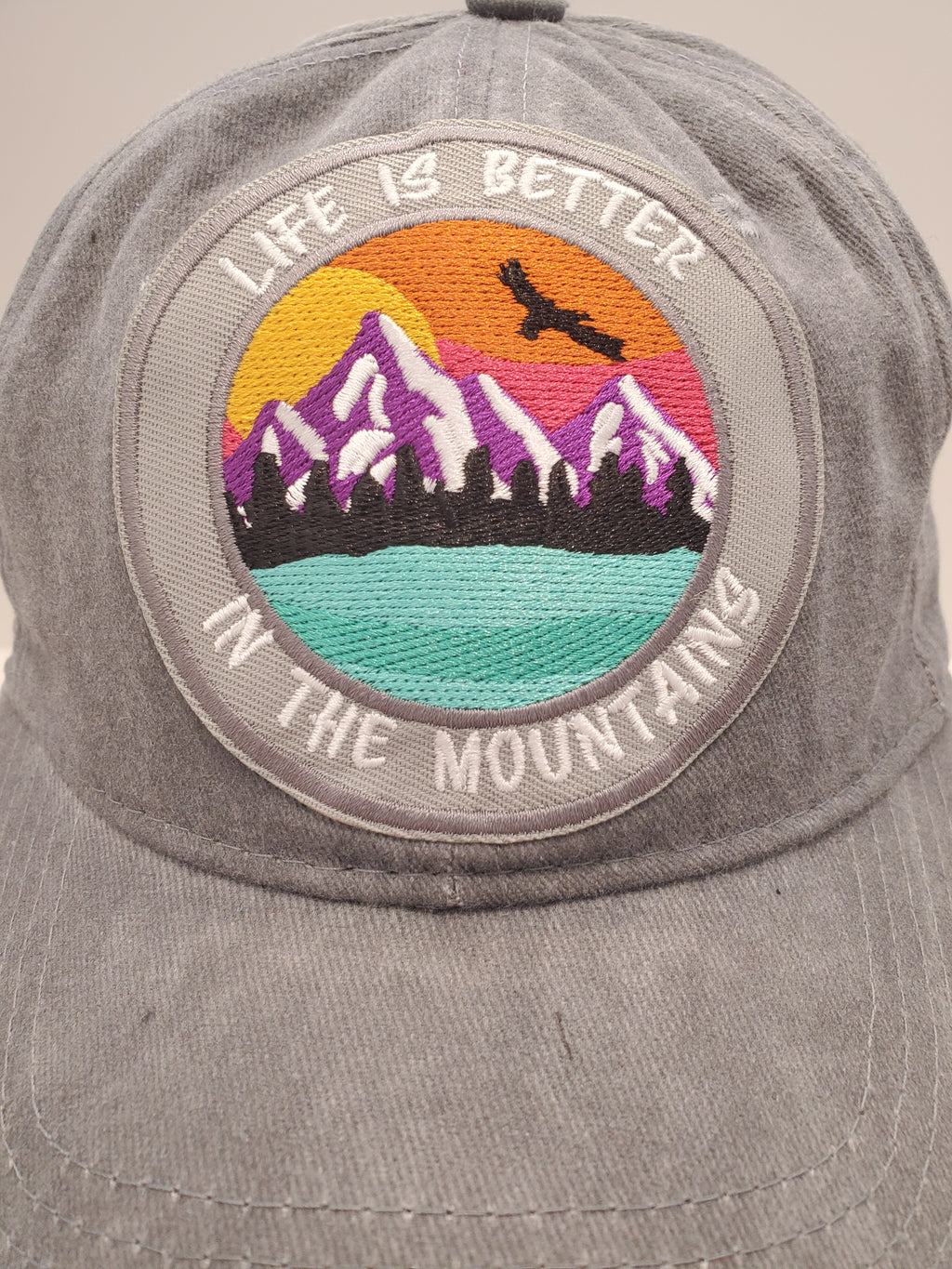 Gray “Life Is Better in the Mountains” Embroidered Cap