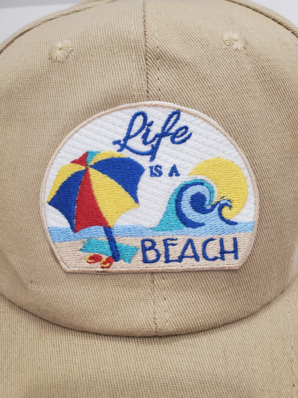 Tan “Life Is a Beach” Embroidered Baseball Cap