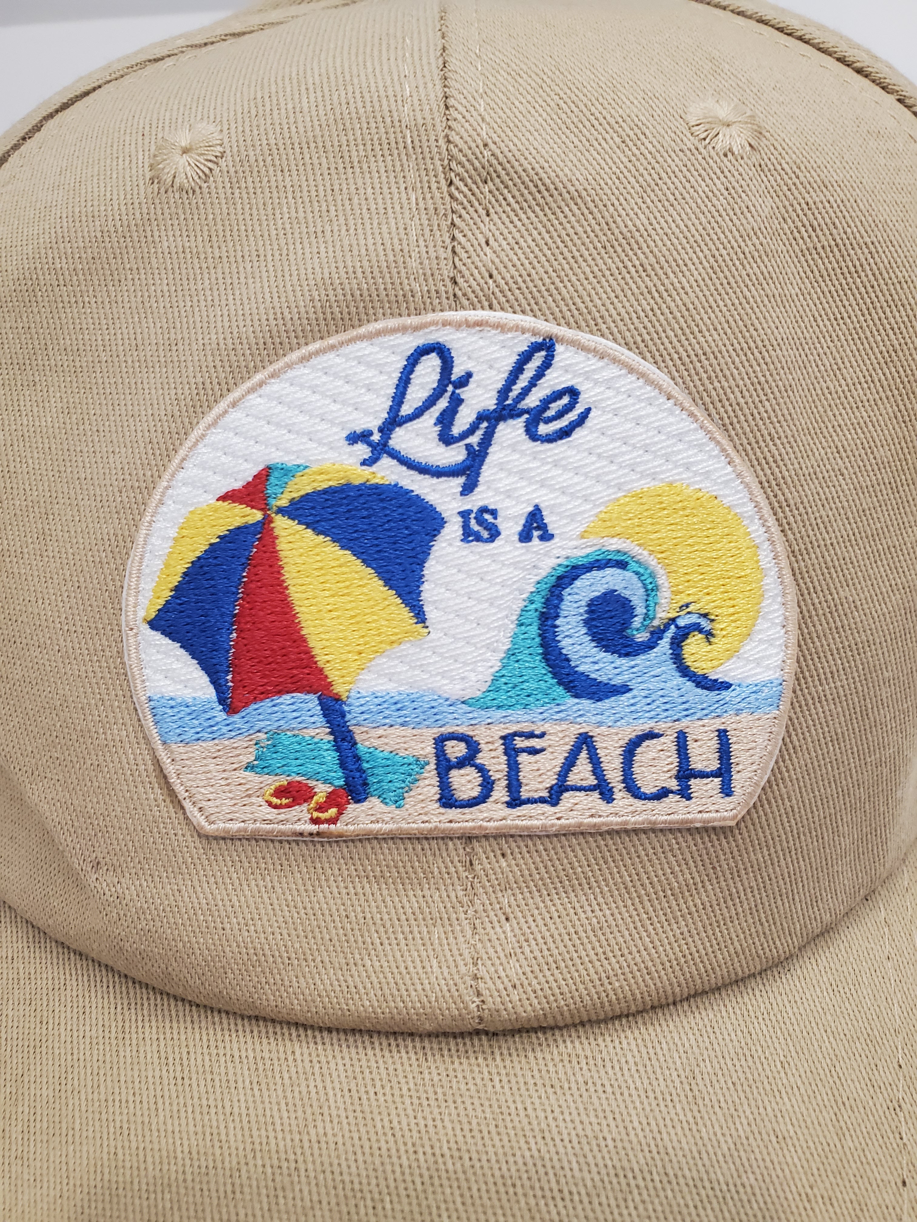 Tan “Life Is a Beach” Embroidered Baseball Cap