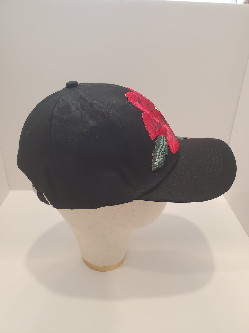 Black Baseball Cap with Red Rose Embroidery