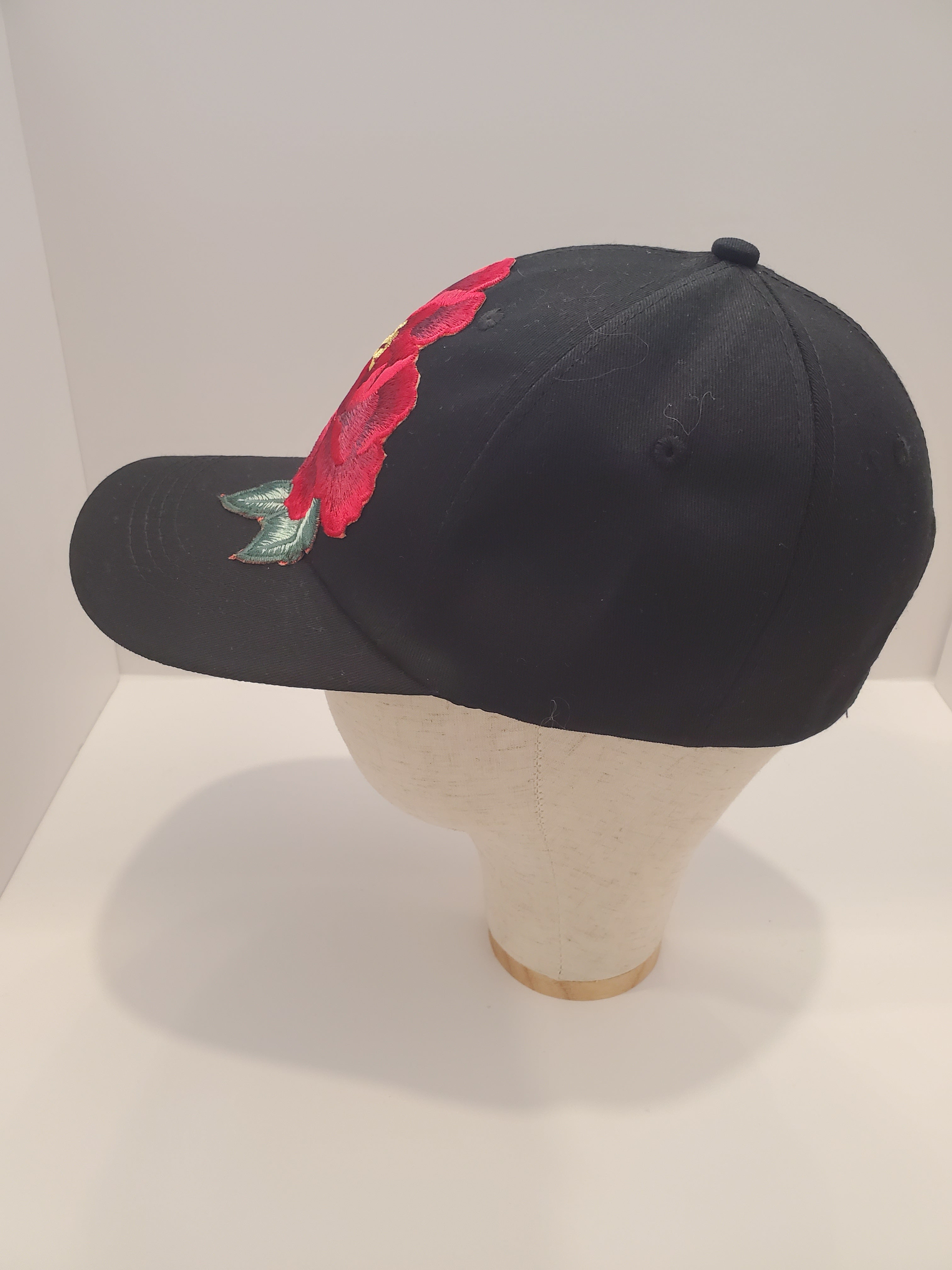Black Baseball Cap with Red Rose Embroidery