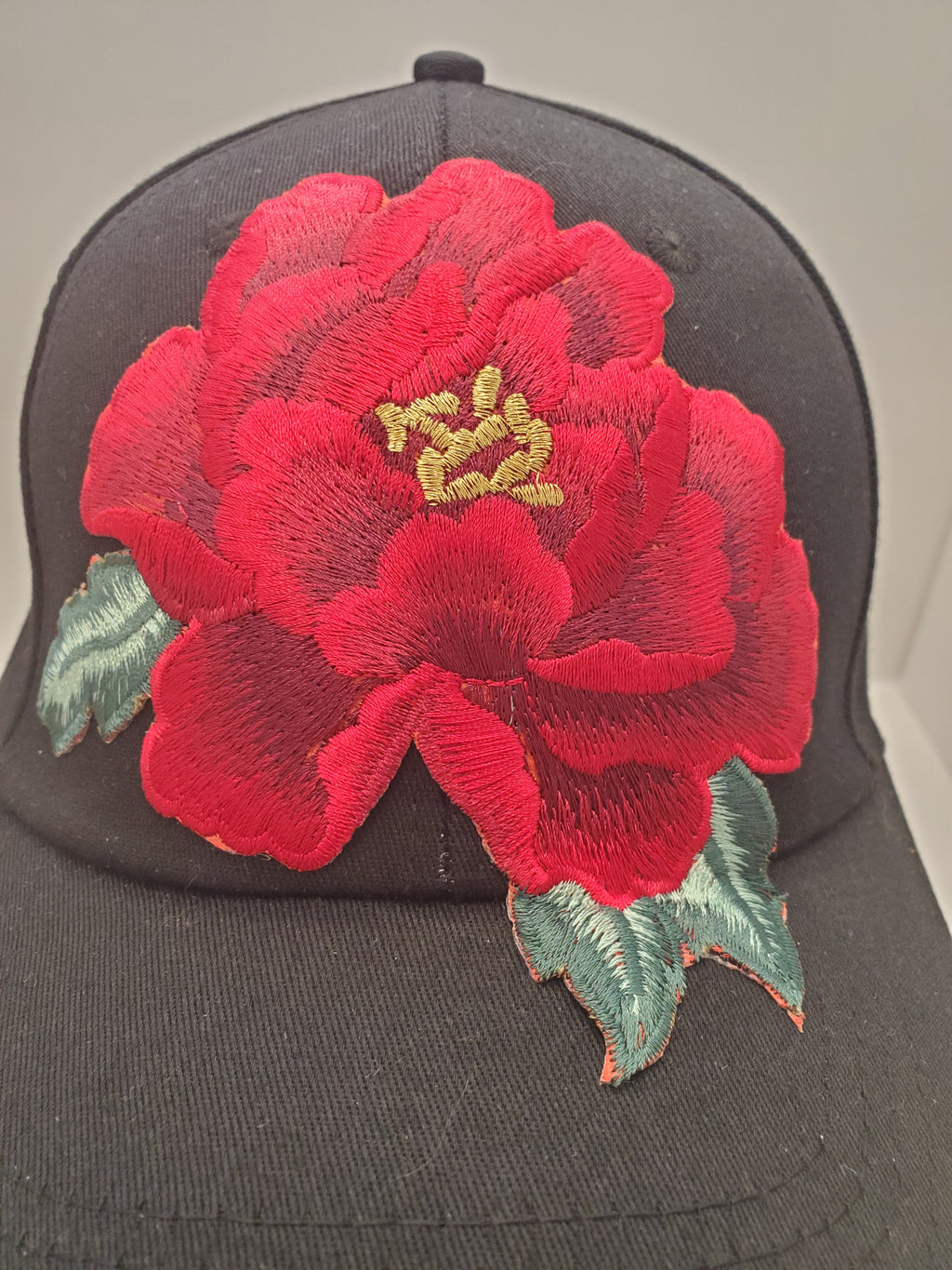 Black Baseball Cap with Red Rose Embroidery