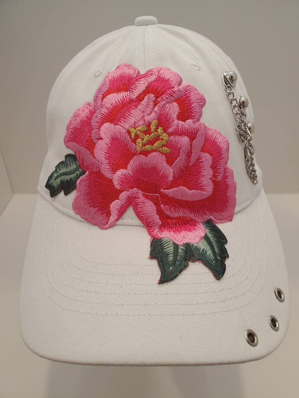 White Peony Embroidered Baseball Cap with Chain Accent