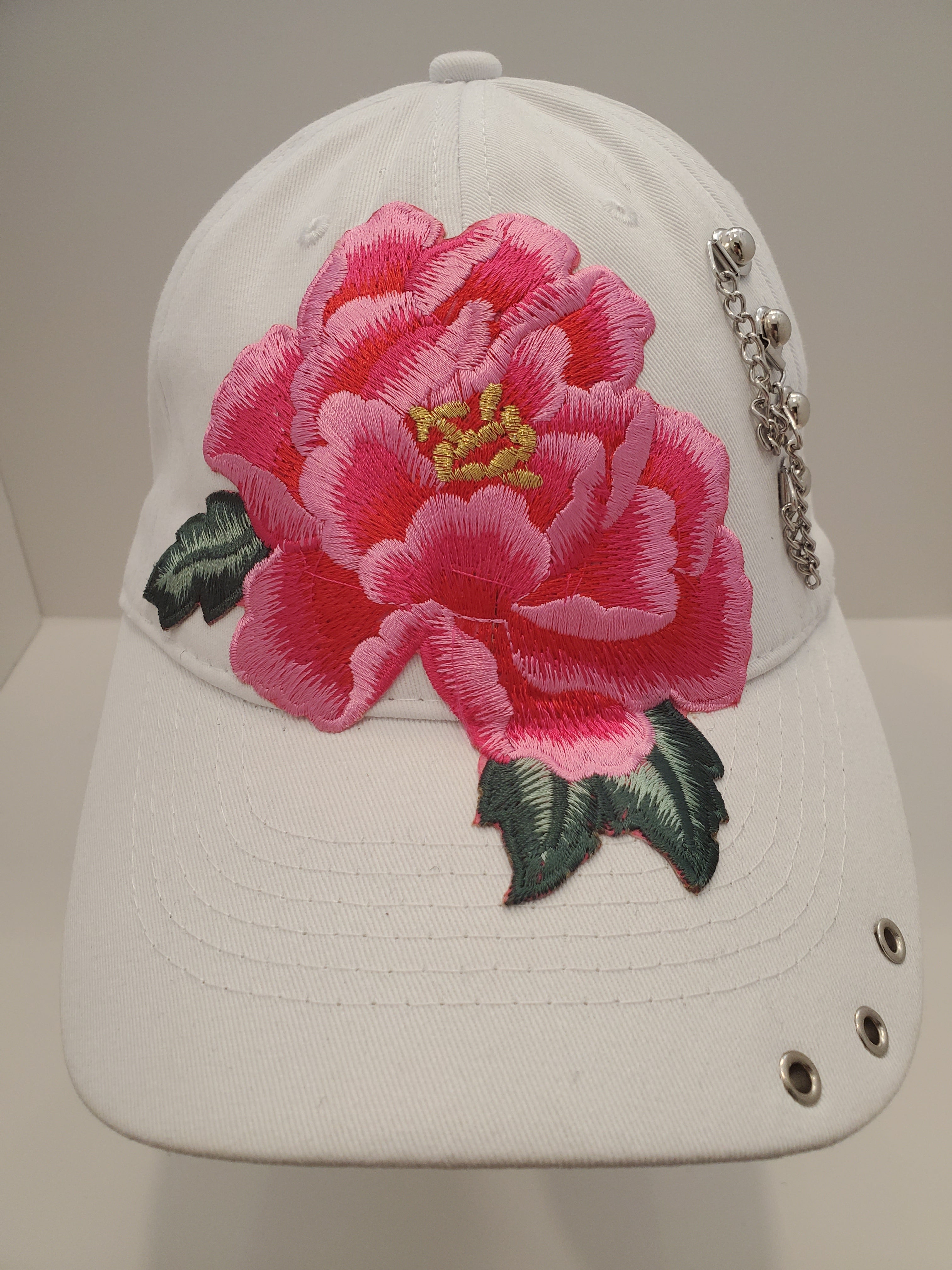 White Peony Embroidered Baseball Cap with Chain Accent