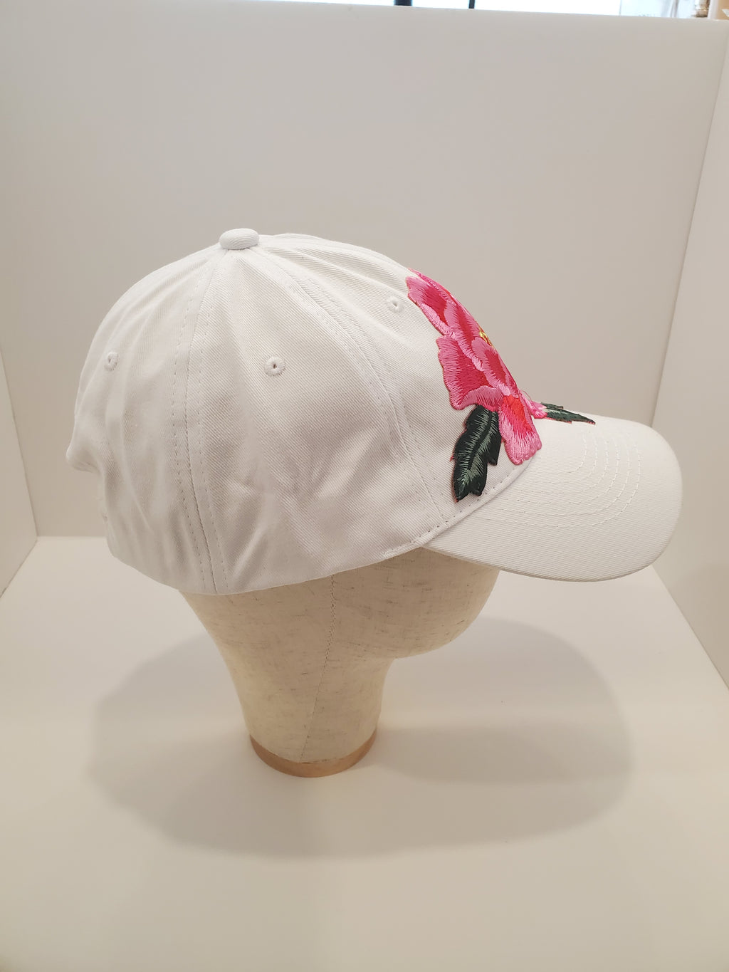 White Peony Embroidered Baseball Cap with Chain Accent