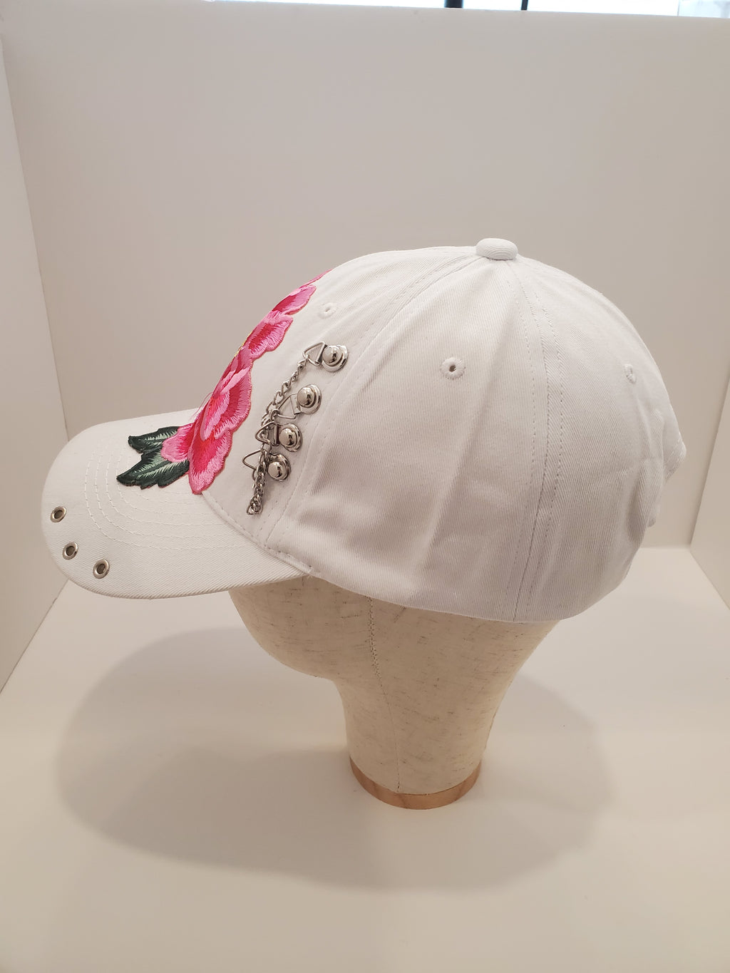 White Peony Embroidered Baseball Cap with Chain Accent