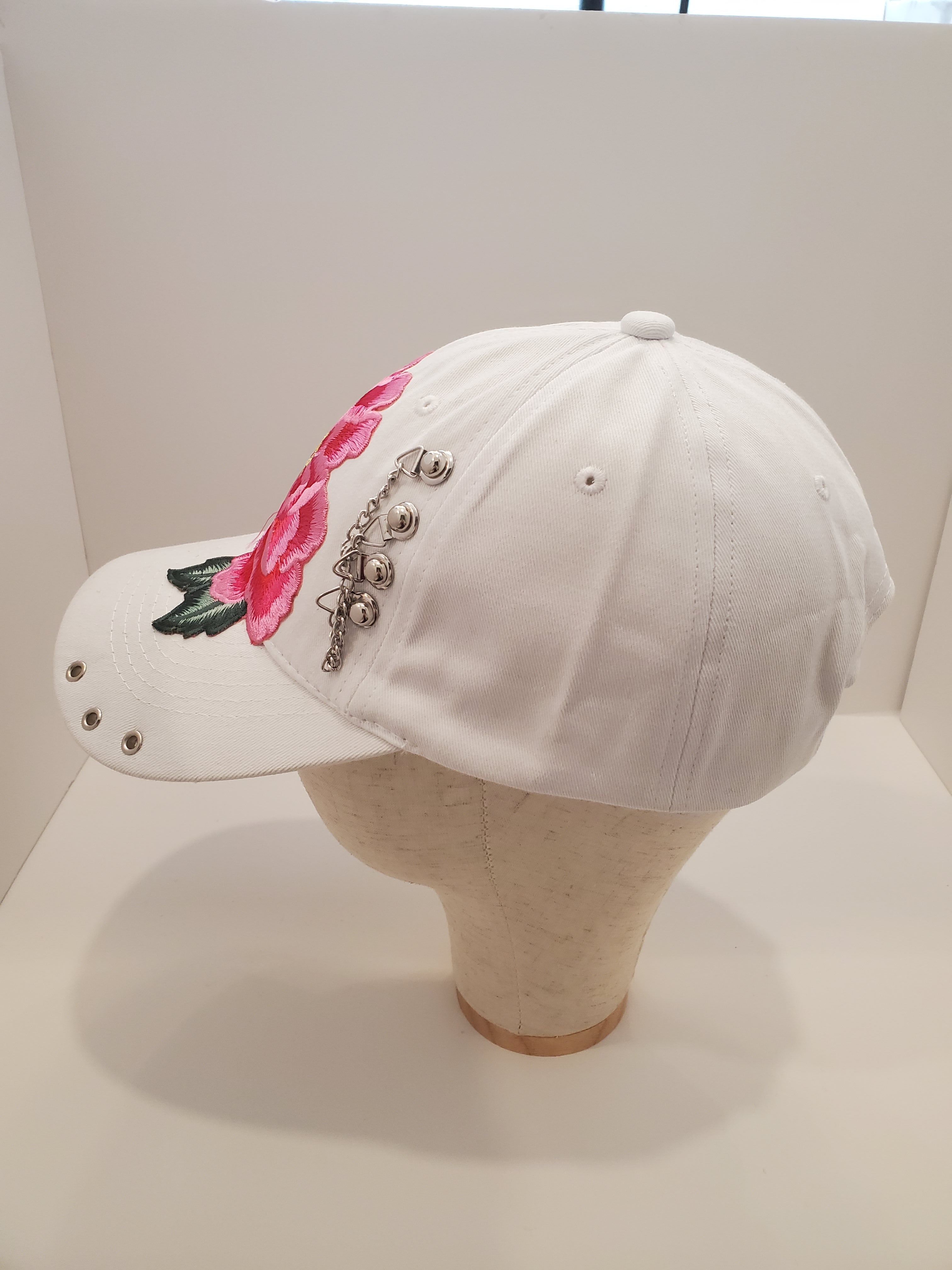 White Peony Embroidered Baseball Cap with Chain Accent