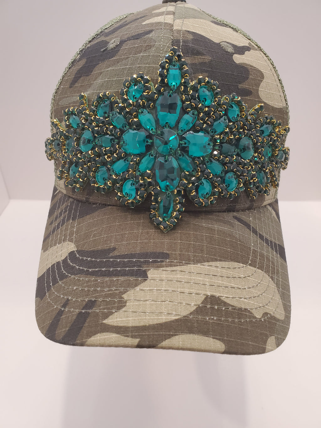 Camo Teal Jewel Trucker Cap – Handcrafted Statement Hat