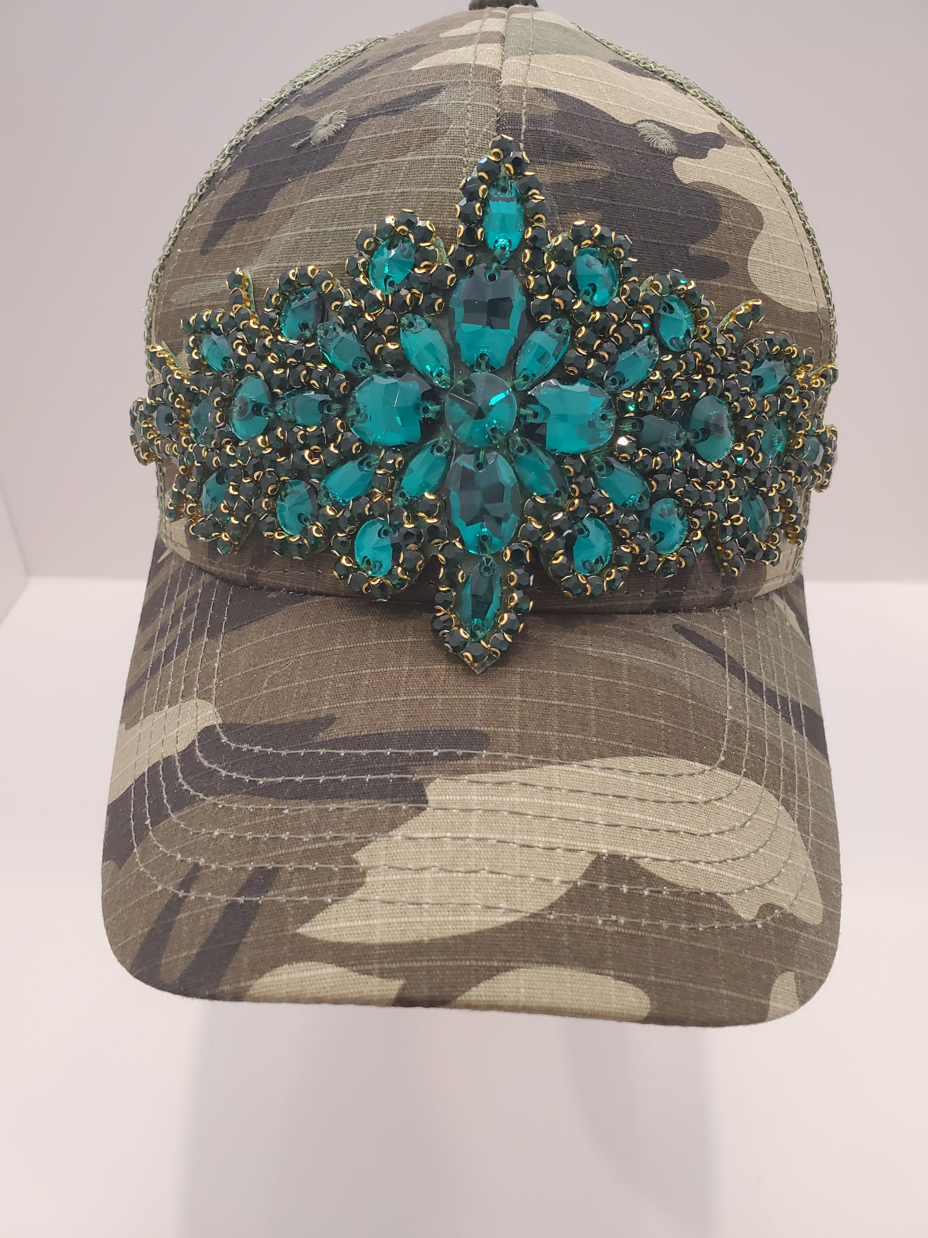 Camo Teal Jewel Trucker Cap – Handcrafted Statement Hat