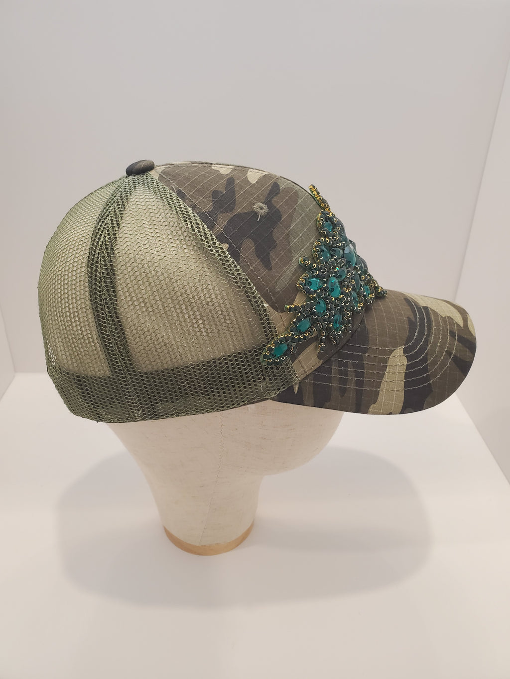 Camo Teal Jewel Trucker Cap – Handcrafted Statement Hat