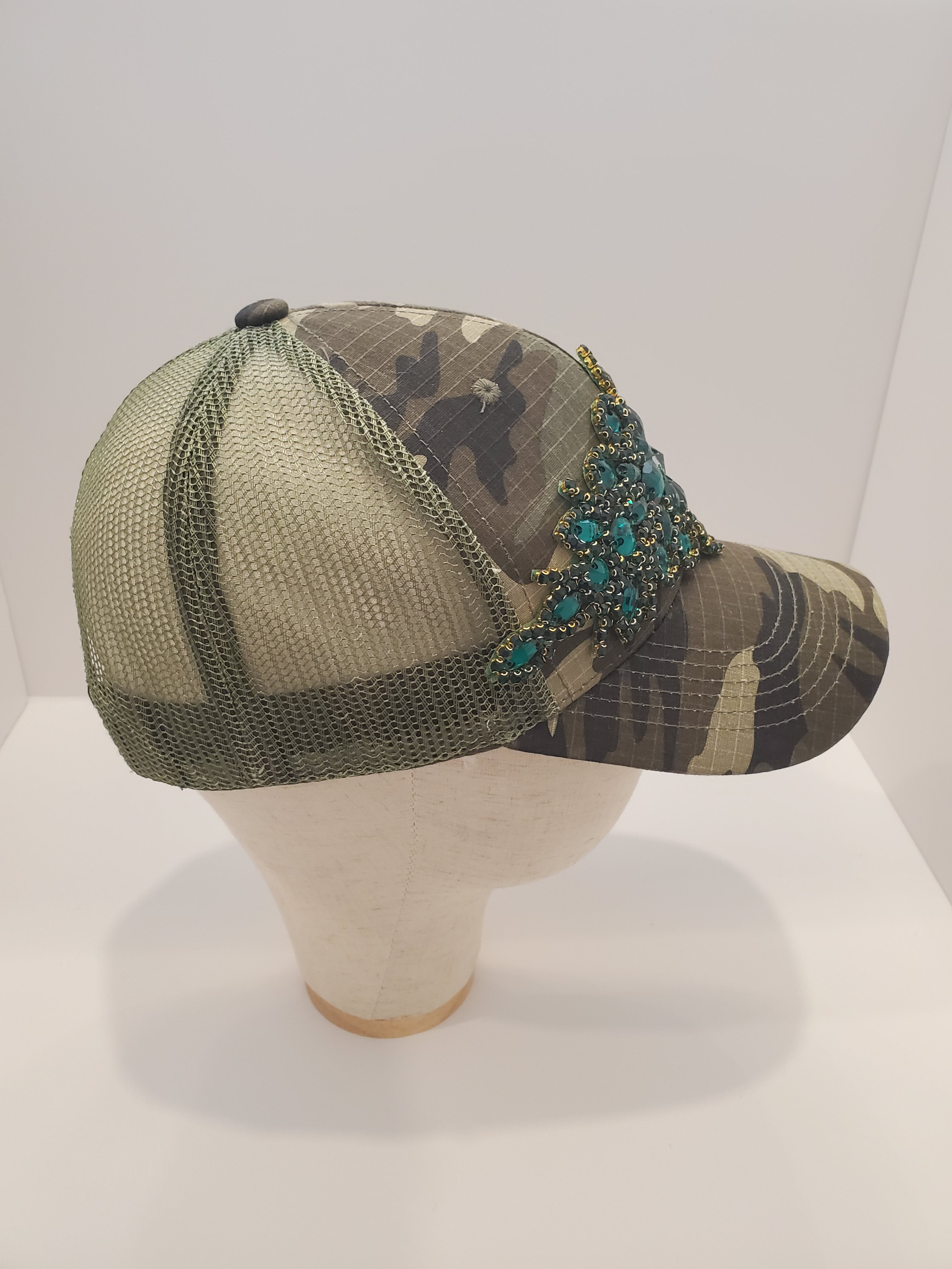 Camo Teal Jewel Trucker Cap – Handcrafted Statement Hat