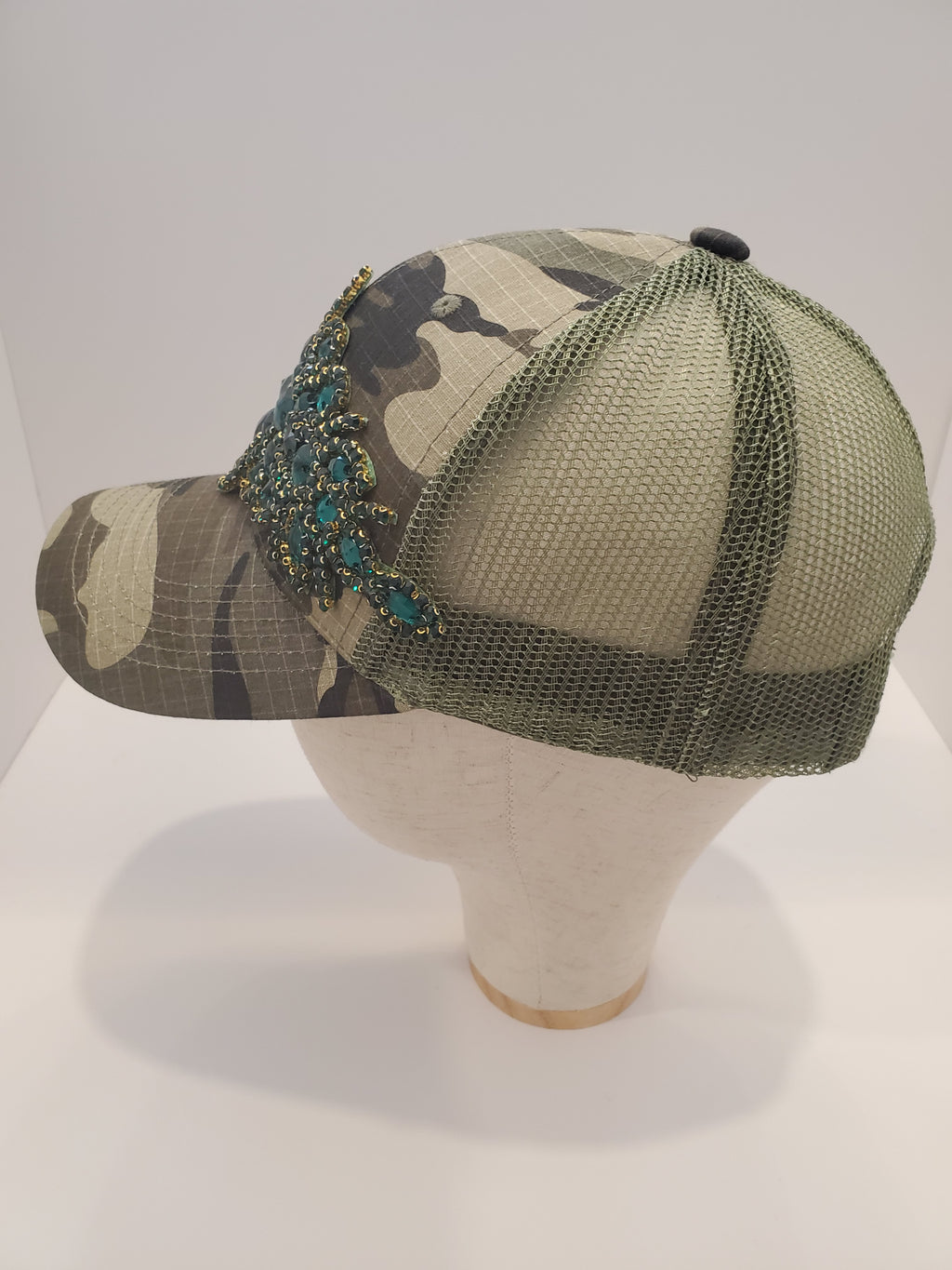 Camo Teal Jewel Trucker Cap – Handcrafted Statement Hat