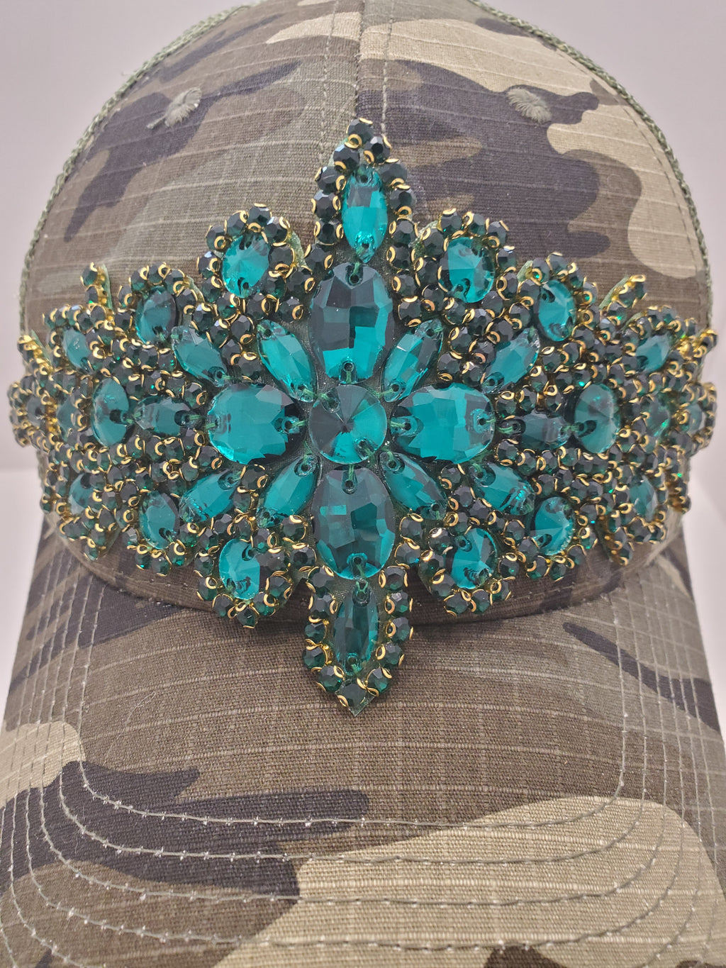 Camo Teal Jewel Trucker Cap – Handcrafted Statement Hat