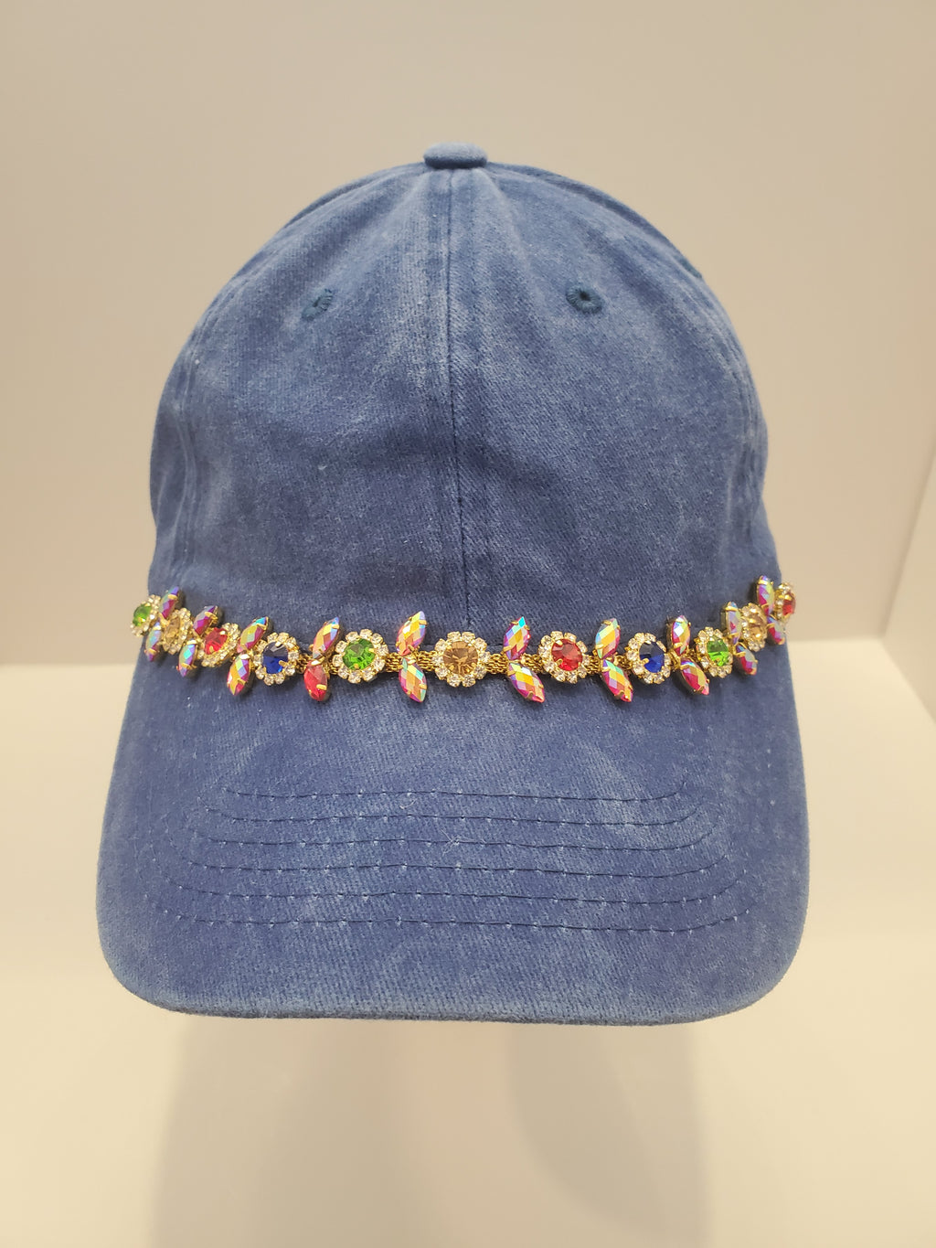 Blue Denim Cap with Rainbow Crystal Chain