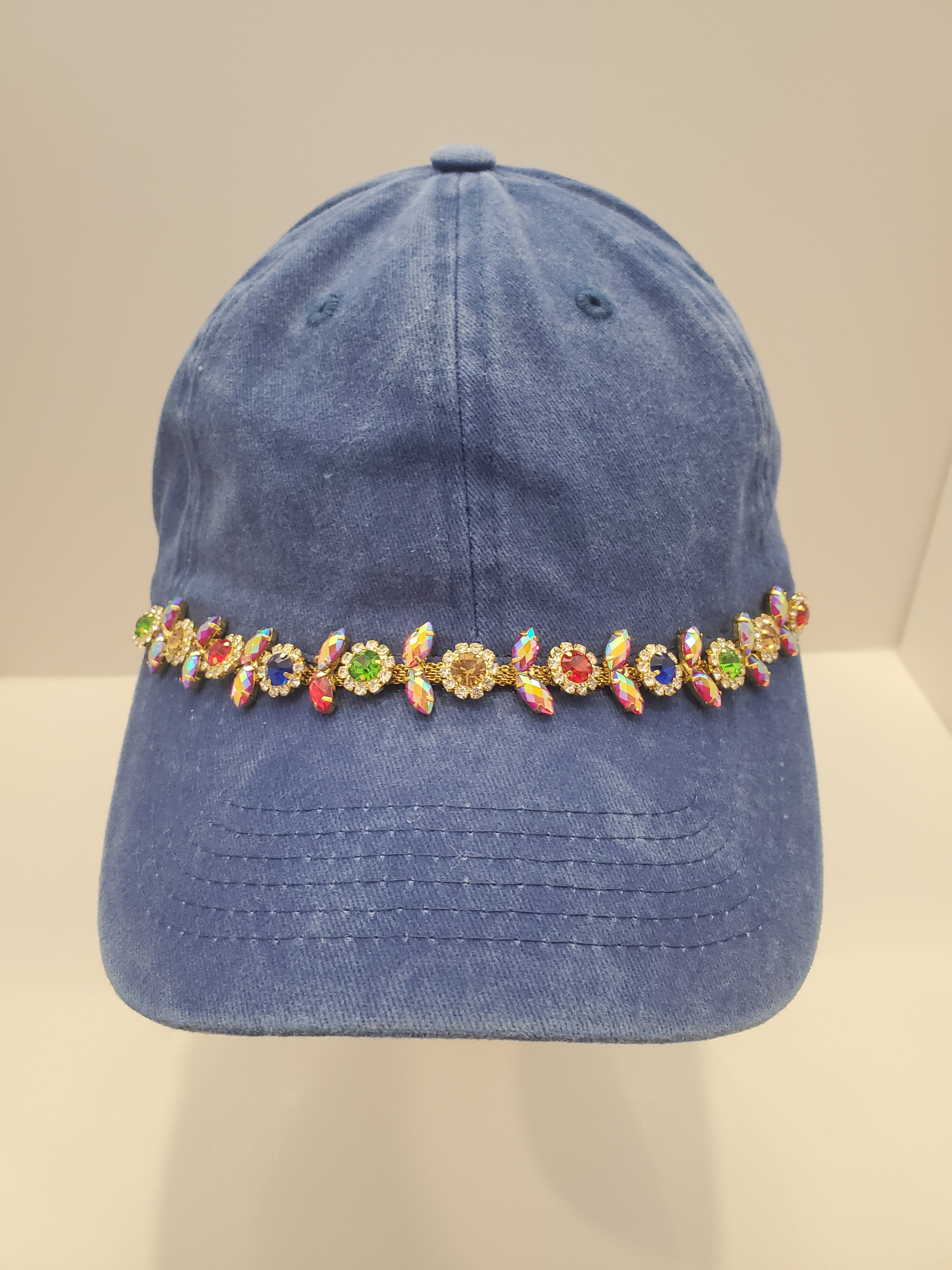 Blue Denim Cap with Rainbow Crystal Chain