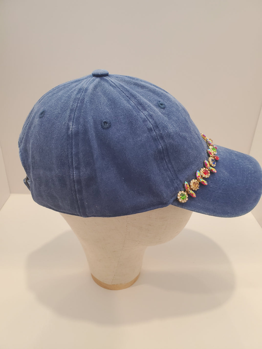 Blue Denim Cap with Rainbow Crystal Chain