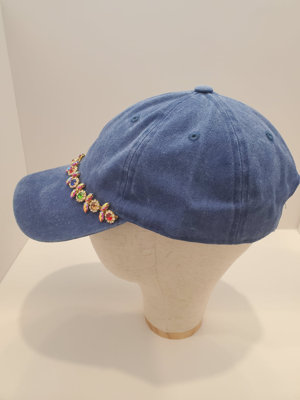 Blue Denim Cap with Rainbow Crystal Chain