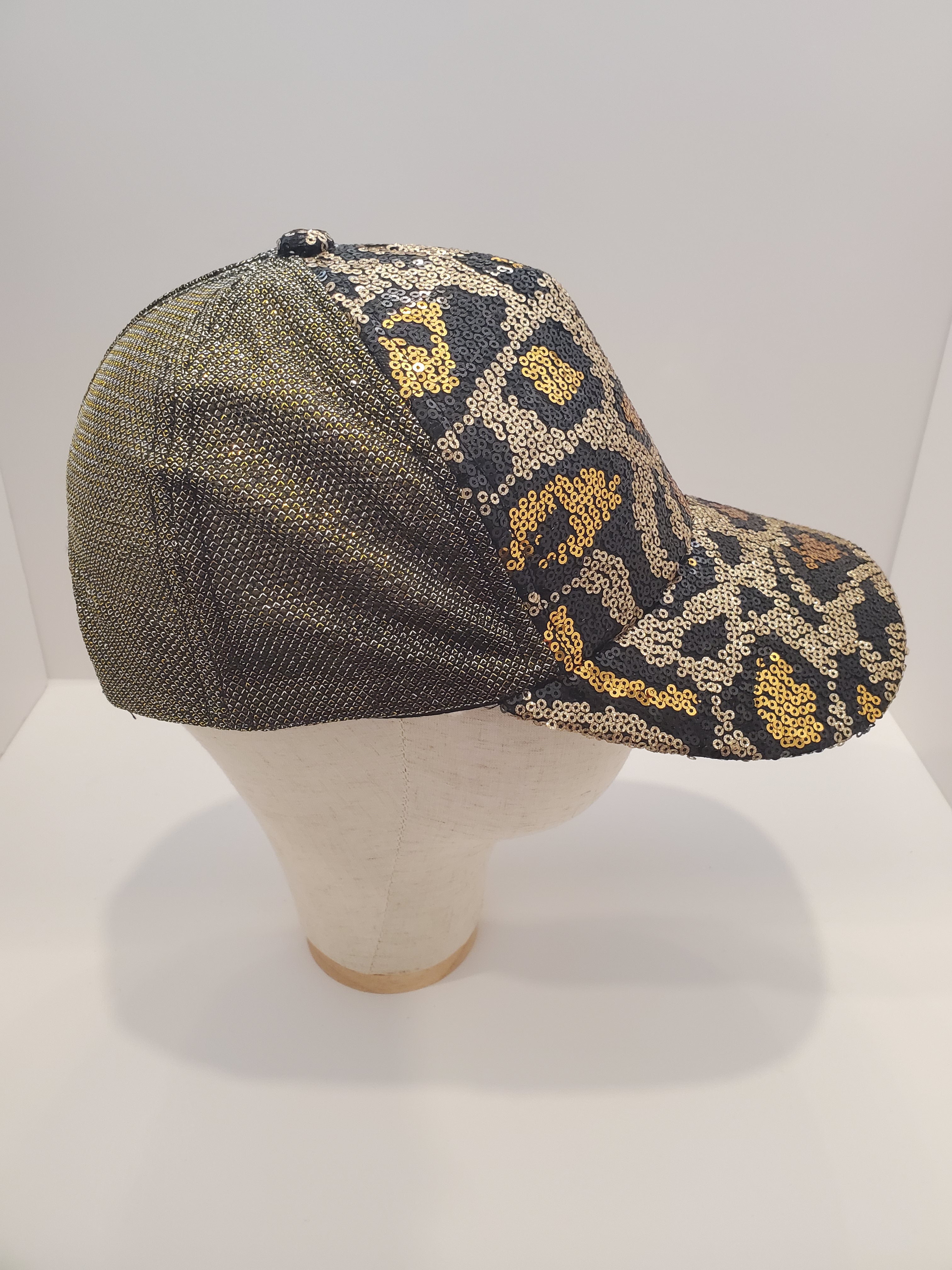 Gold & Black Sequin Leopard Print Baseball Cap