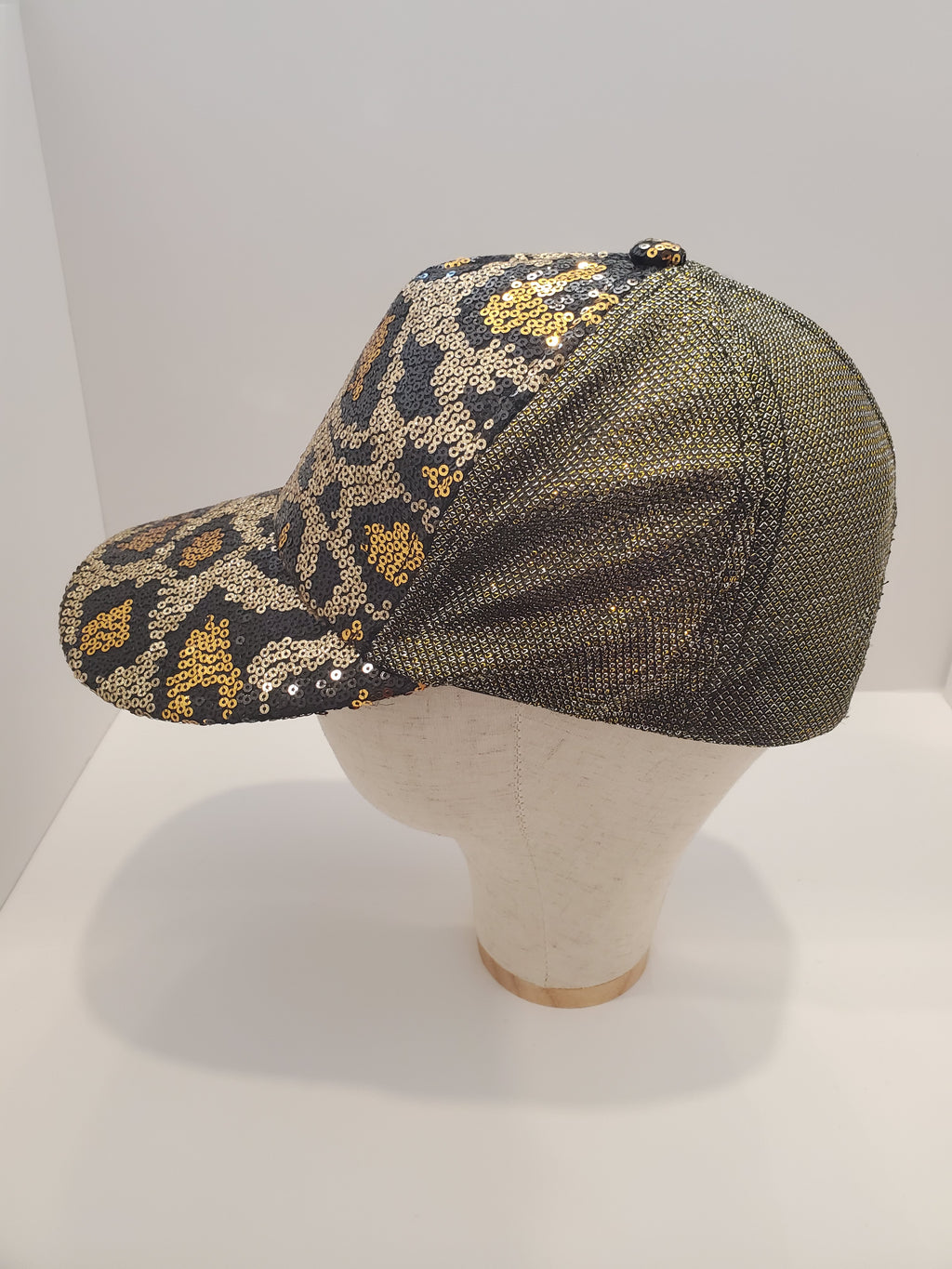 Gold & Black Sequin Leopard Print Baseball Cap