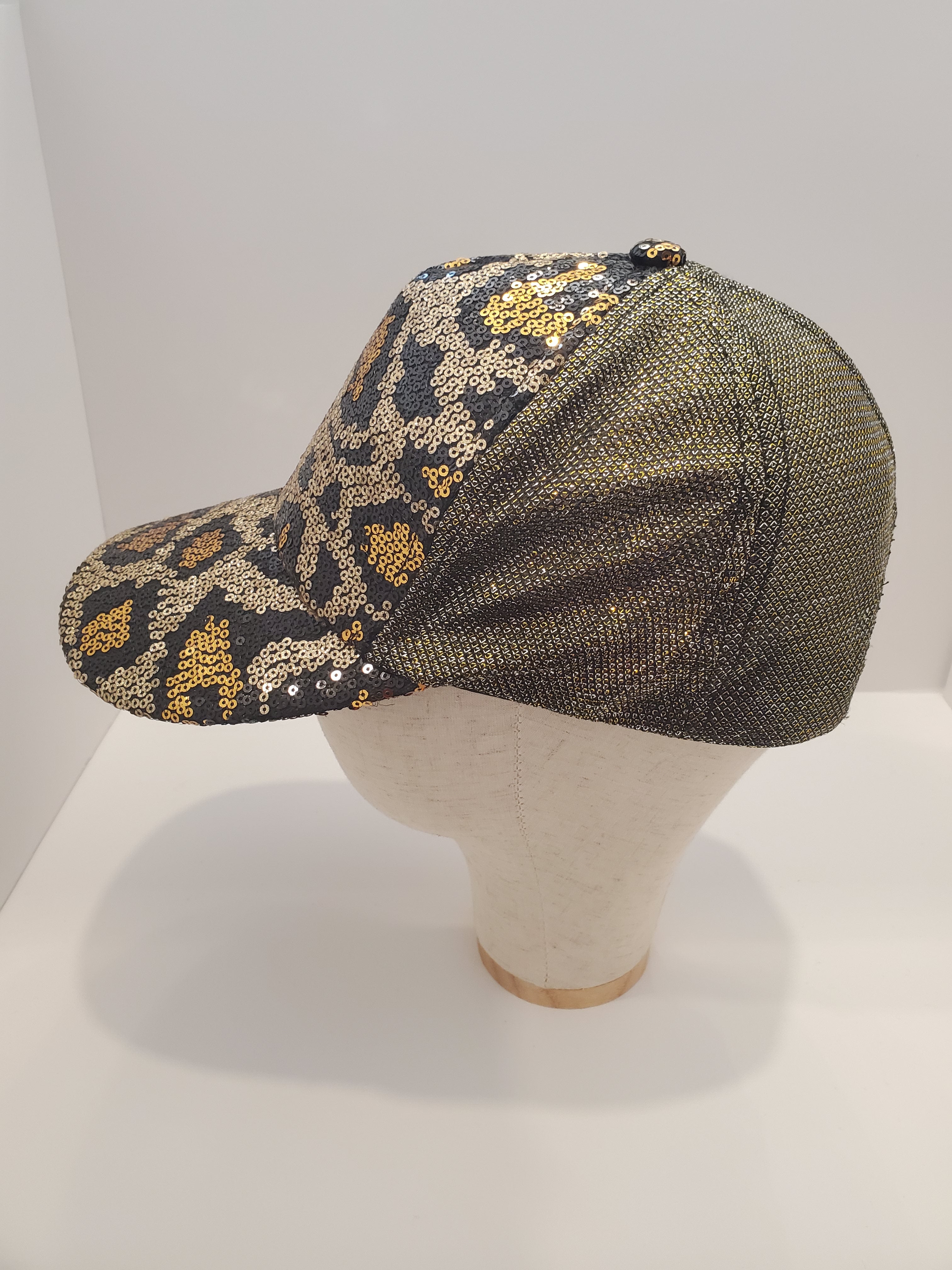Gold & Black Sequin Leopard Print Baseball Cap