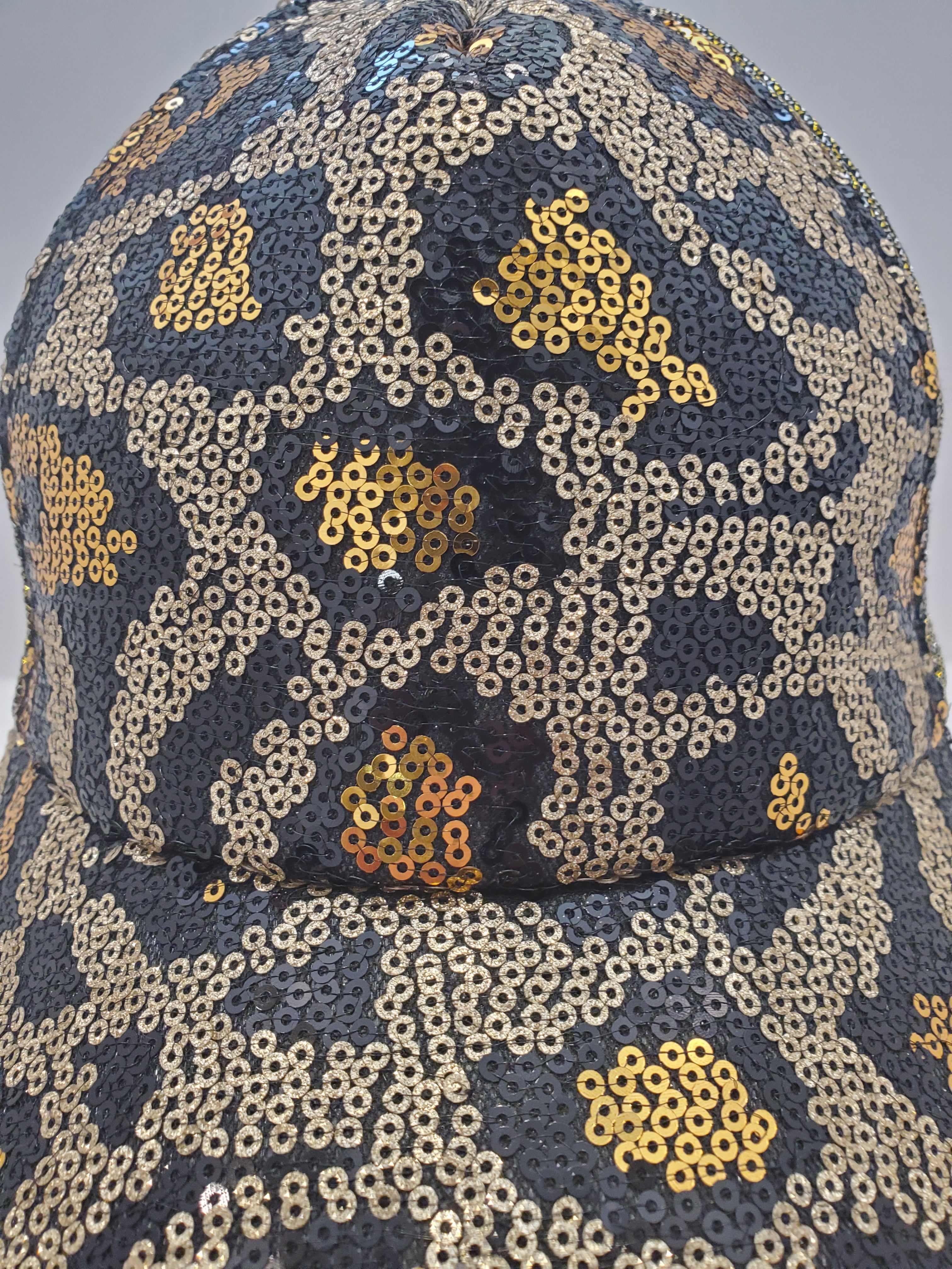 Gold & Black Sequin Leopard Print Baseball Cap