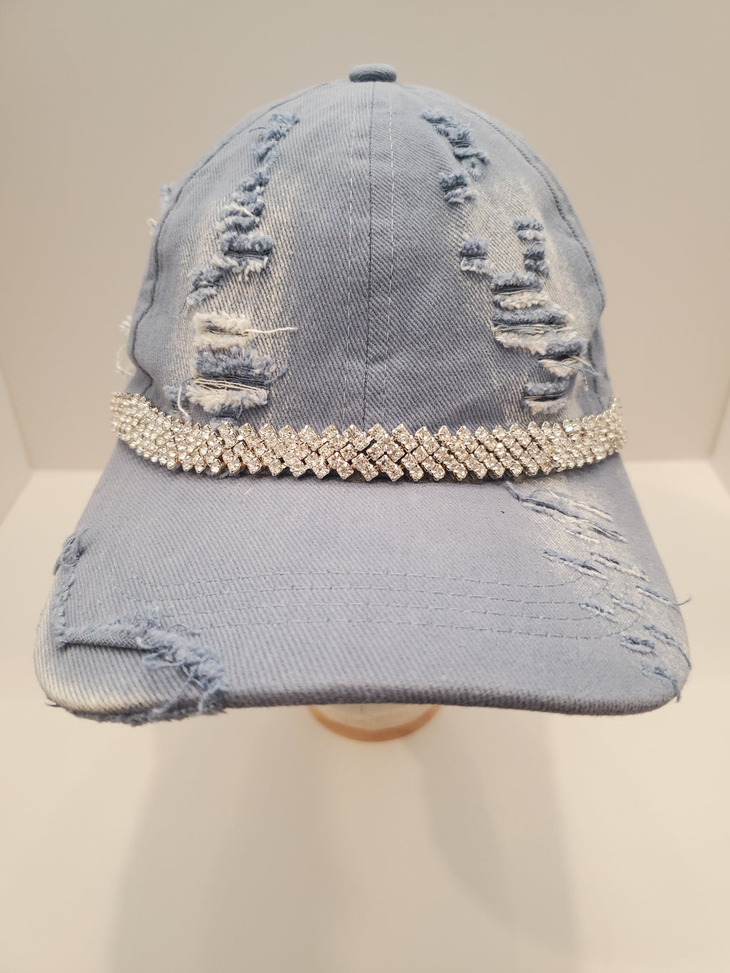 Distressed Light Denim Cap with Crystal Rhinestone Band