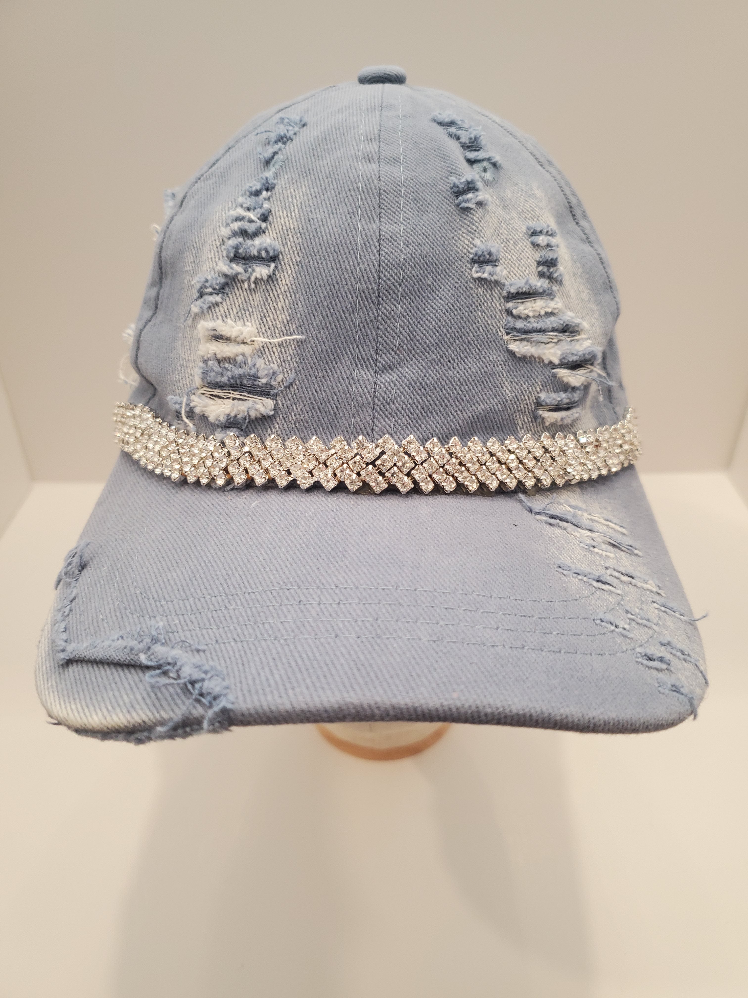 Distressed Light Denim Cap with Crystal Rhinestone Band