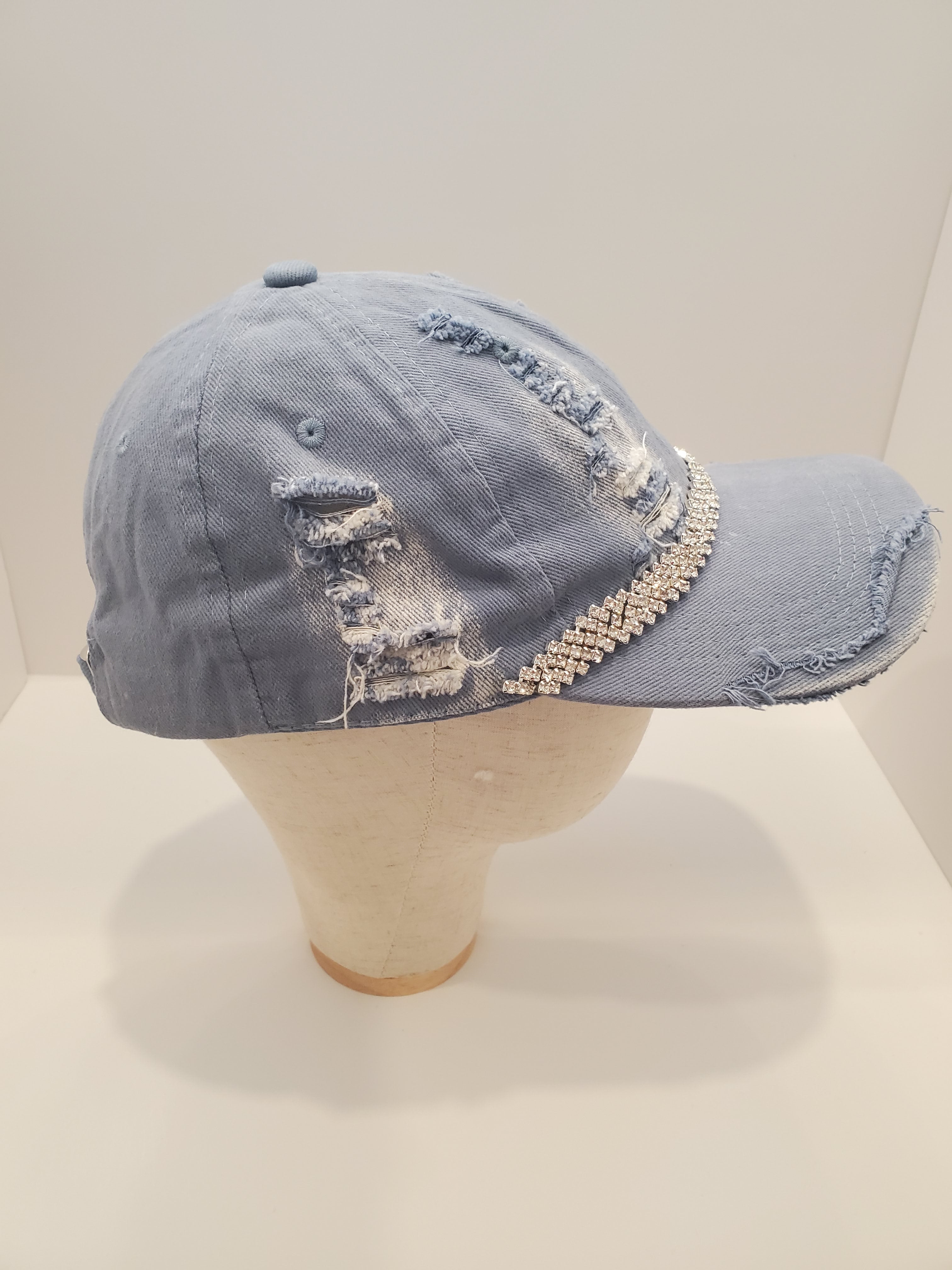 Distressed Light Denim Cap with Crystal Rhinestone Band