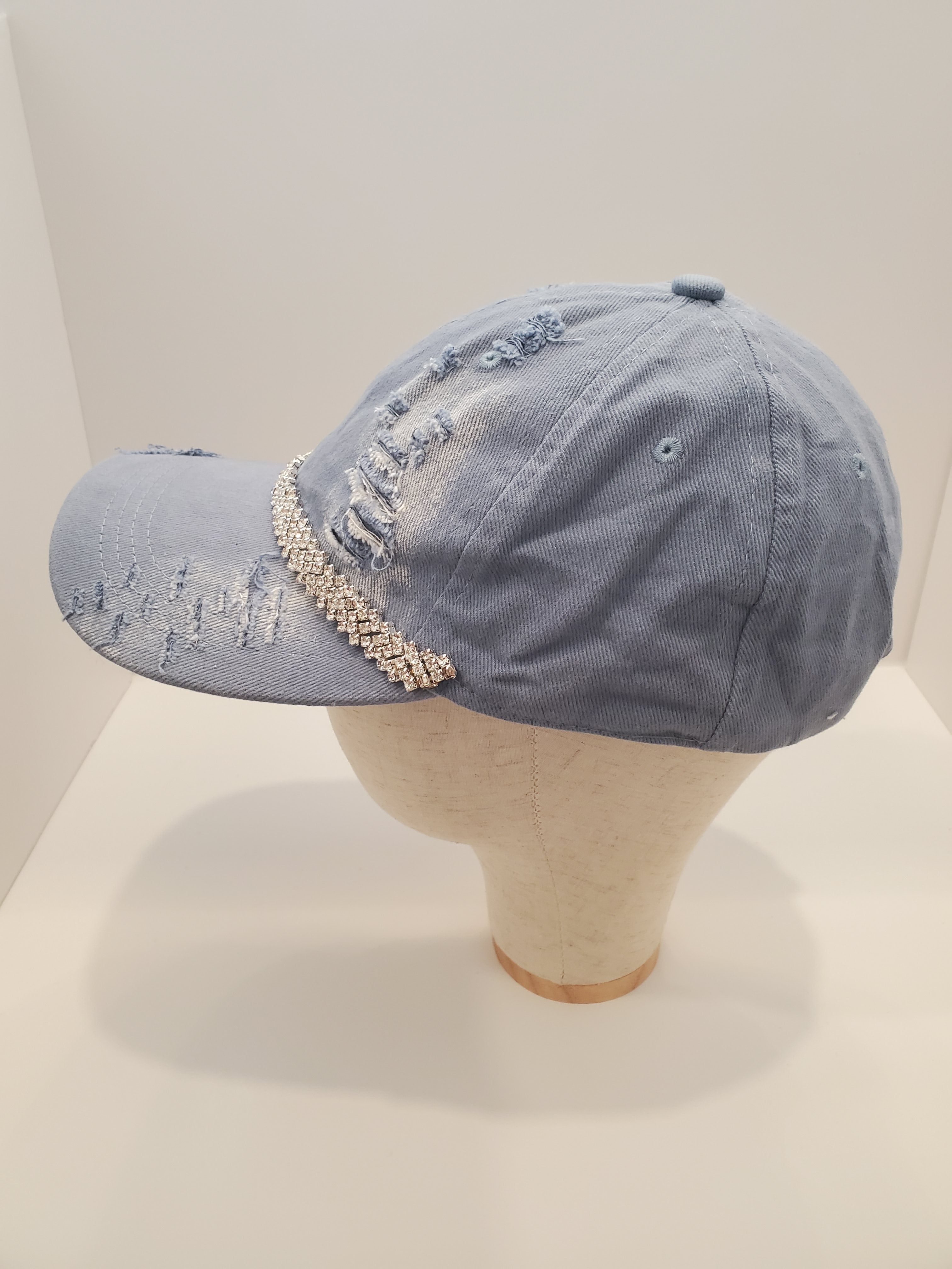 Distressed Light Denim Cap with Crystal Rhinestone Band