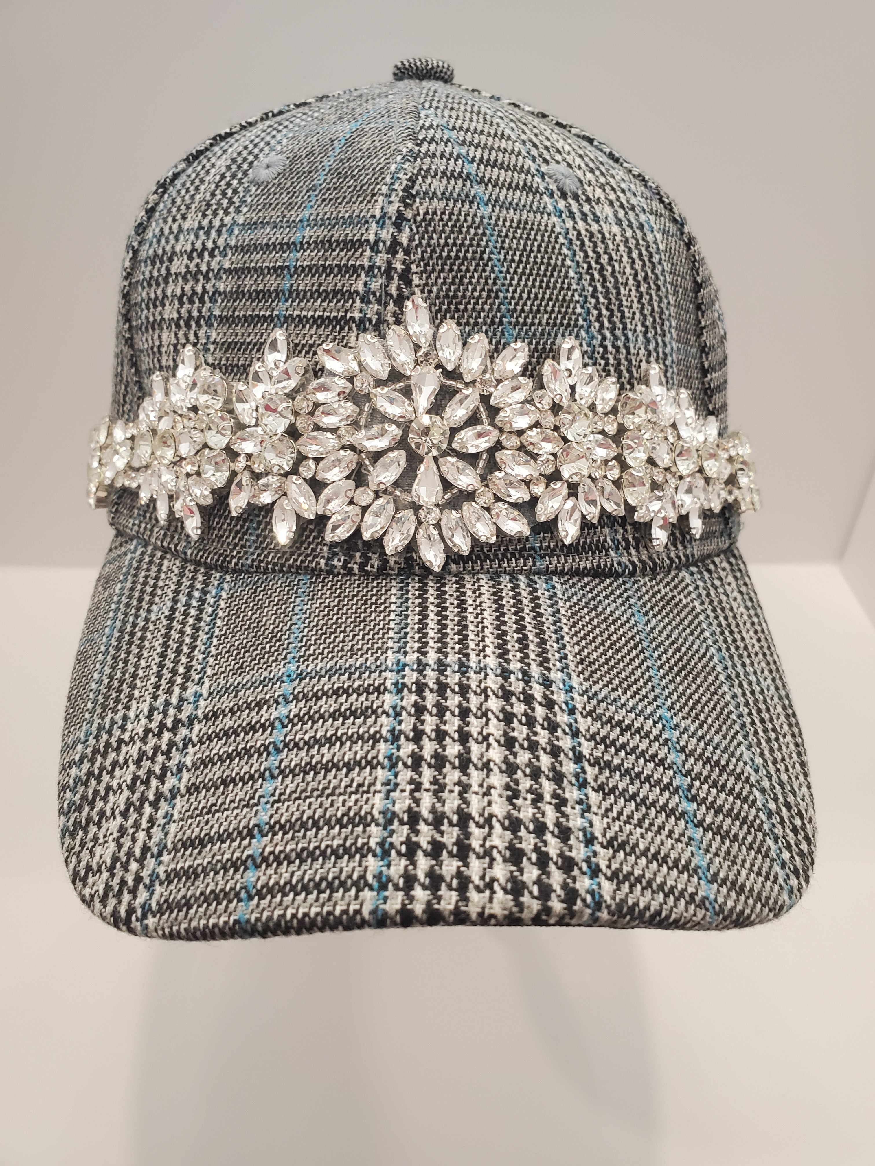 Plaid Crystal Snowburst Cap – Silver Rhinestone Statement Hat