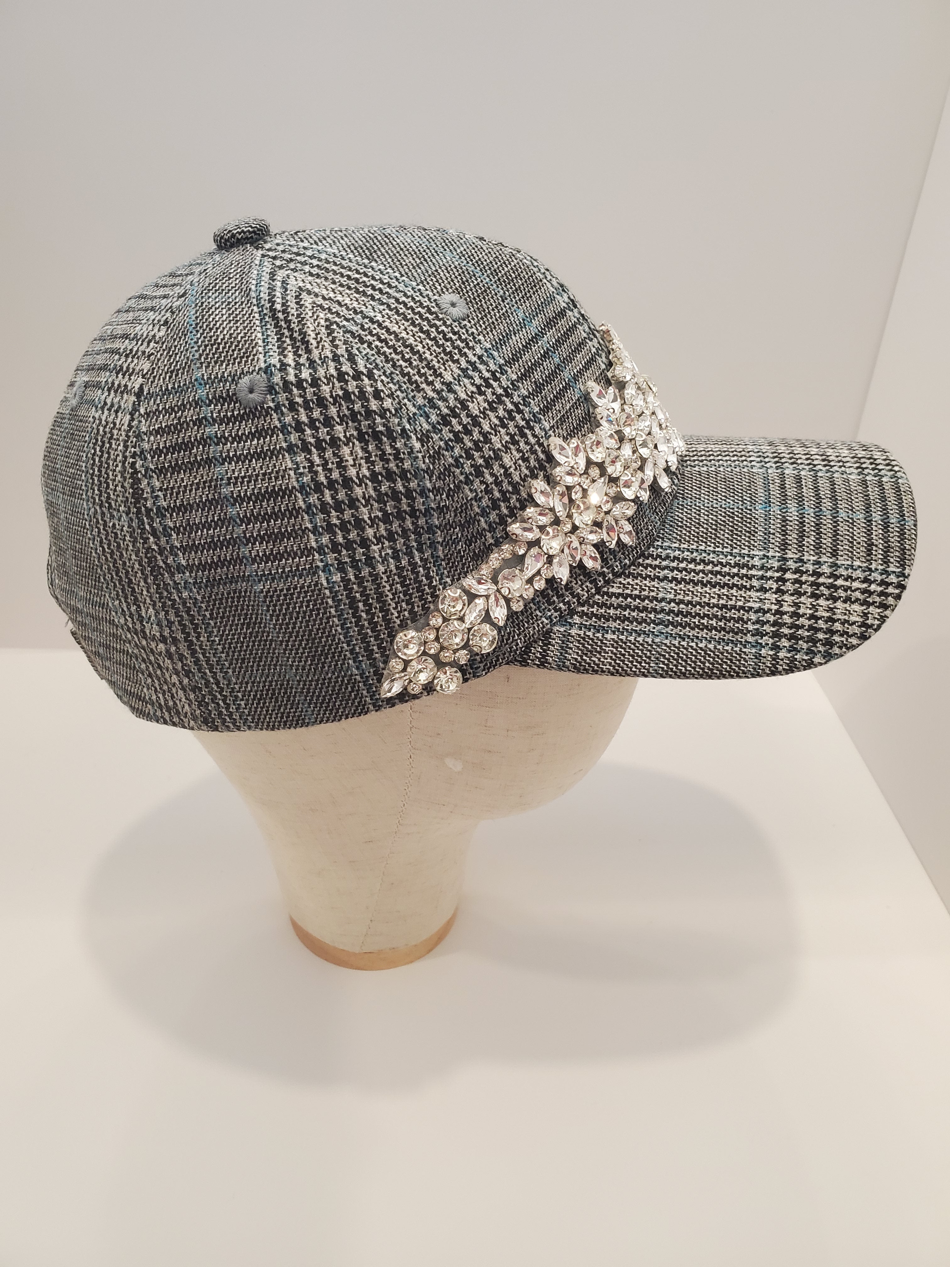 Plaid Crystal Snowburst Cap – Silver Rhinestone Statement Hat