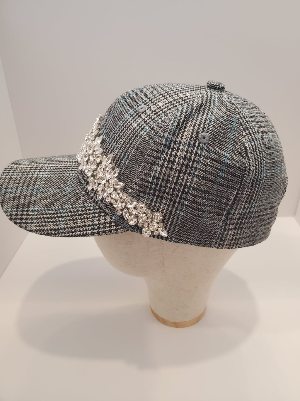 Plaid Crystal Snowburst Cap – Silver Rhinestone Statement Hat