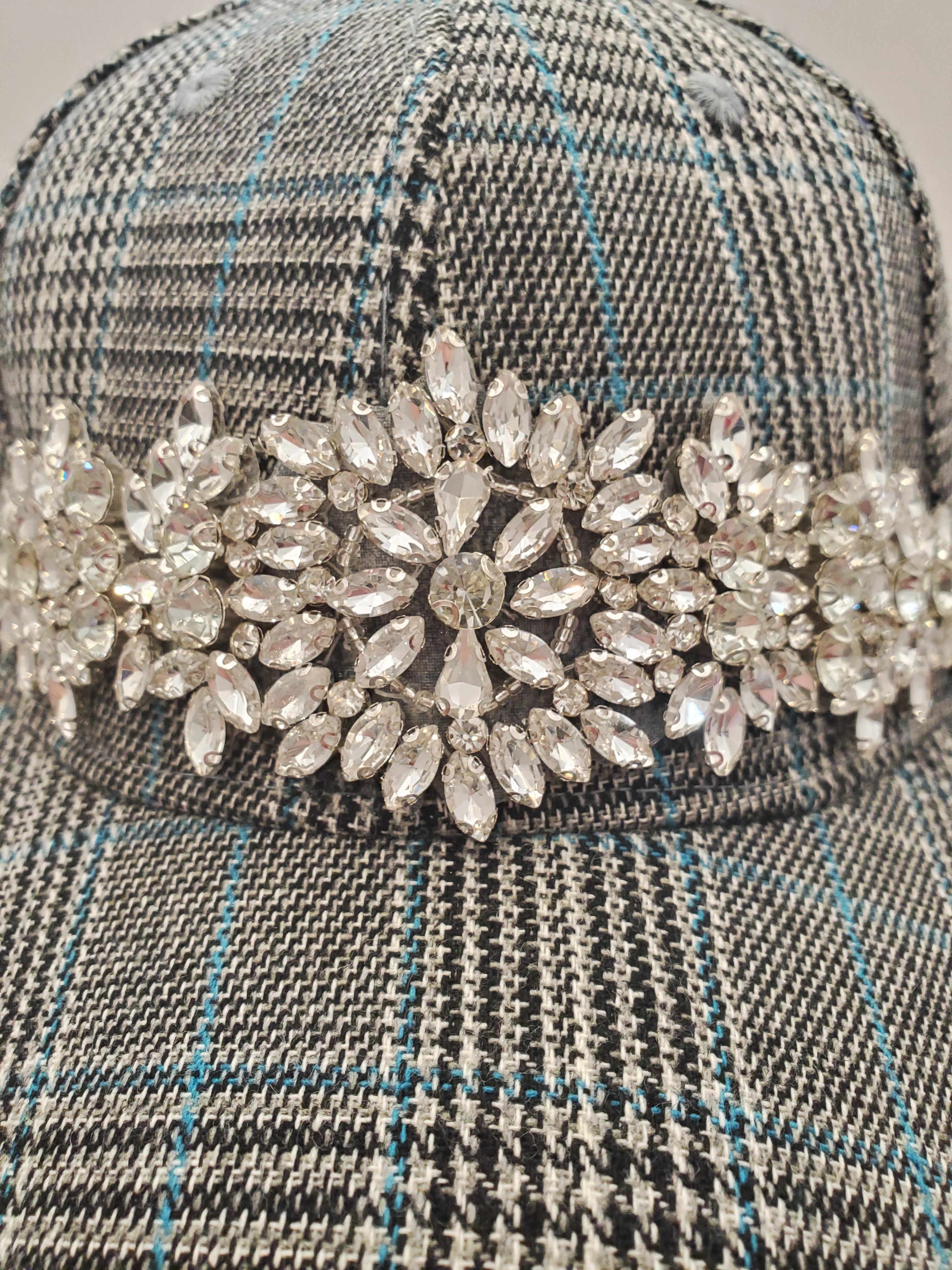 Plaid Crystal Snowburst Cap – Silver Rhinestone Statement Hat