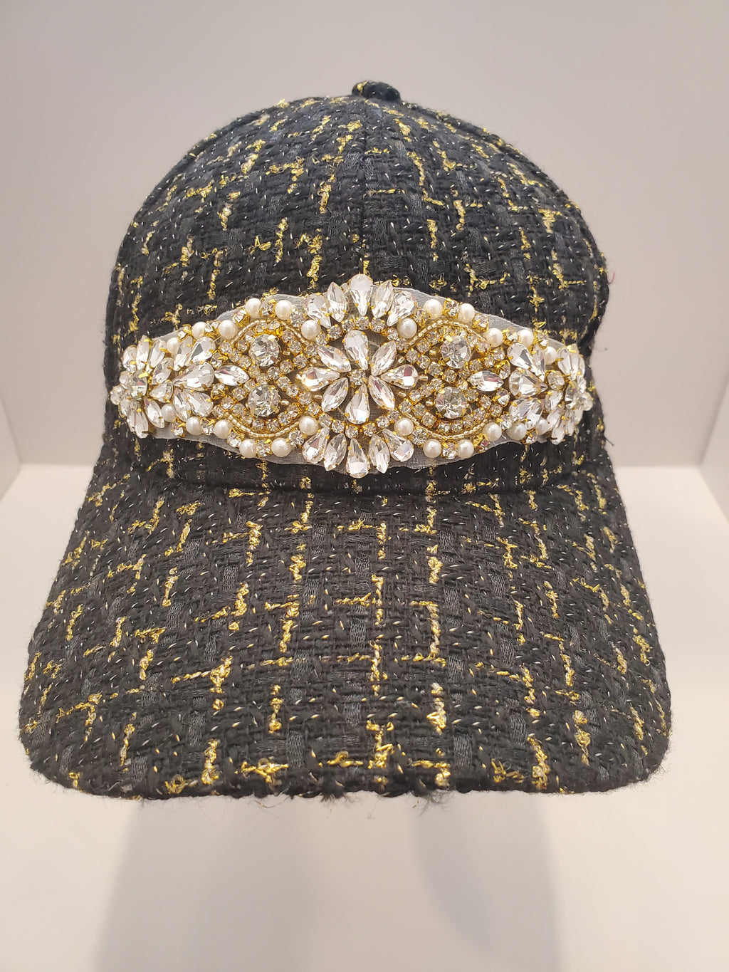Black & Gold Tweed Crystal Cap – Luxe Handcrafted Baseball Hat