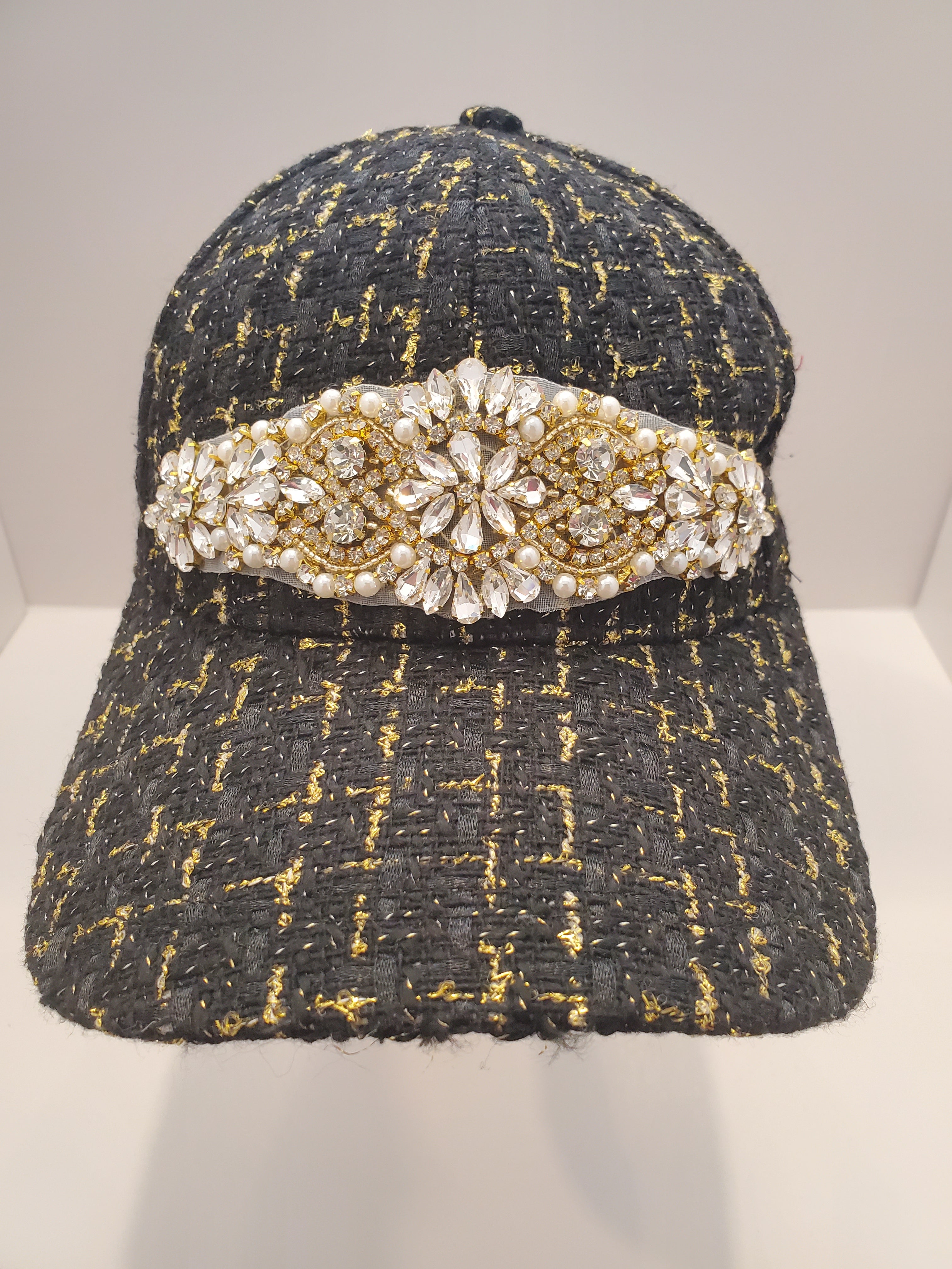 Black & Gold Tweed Crystal Cap – Luxe Handcrafted Baseball Hat