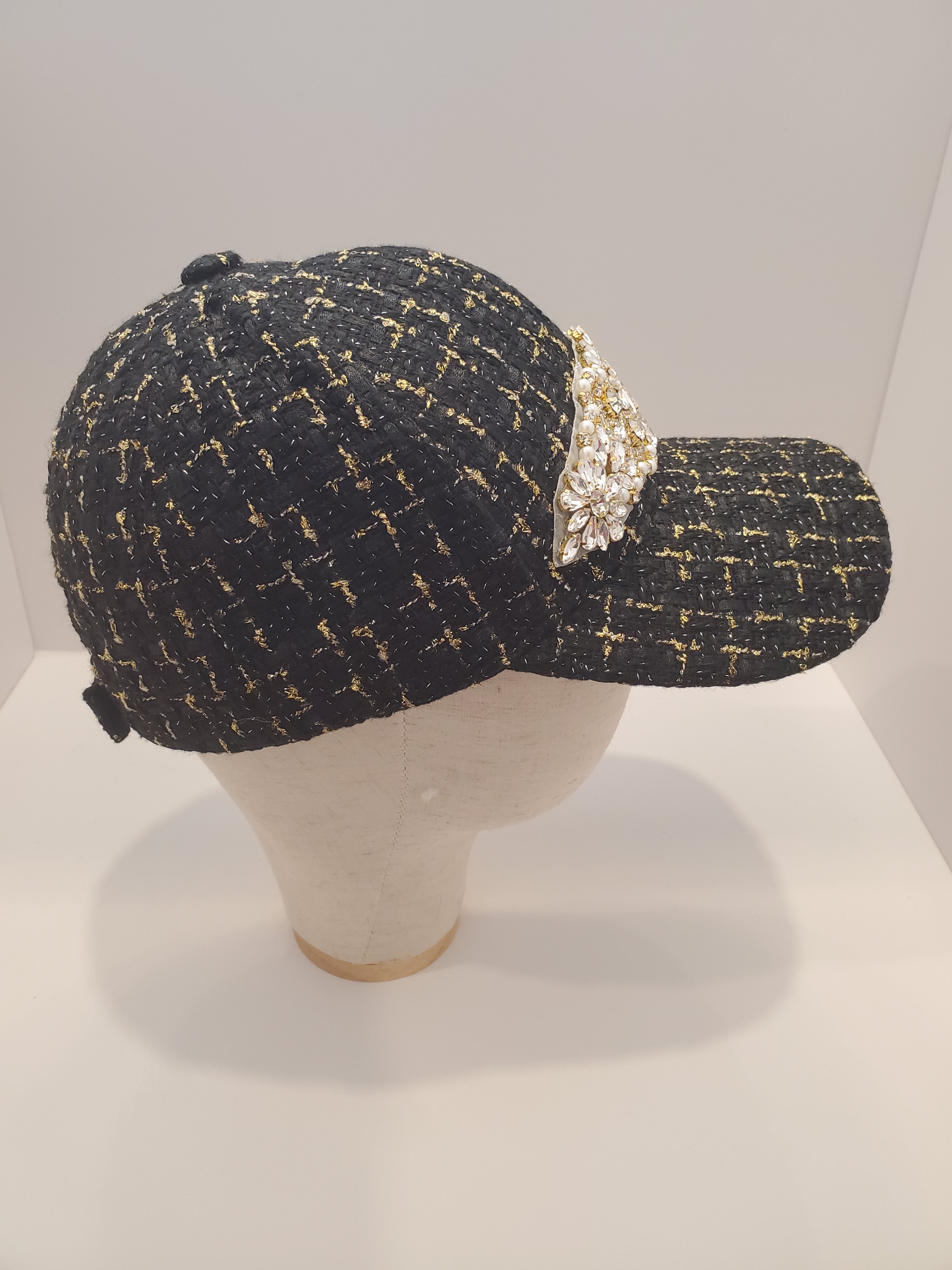 Black & Gold Tweed Crystal Cap – Luxe Handcrafted Baseball Hat