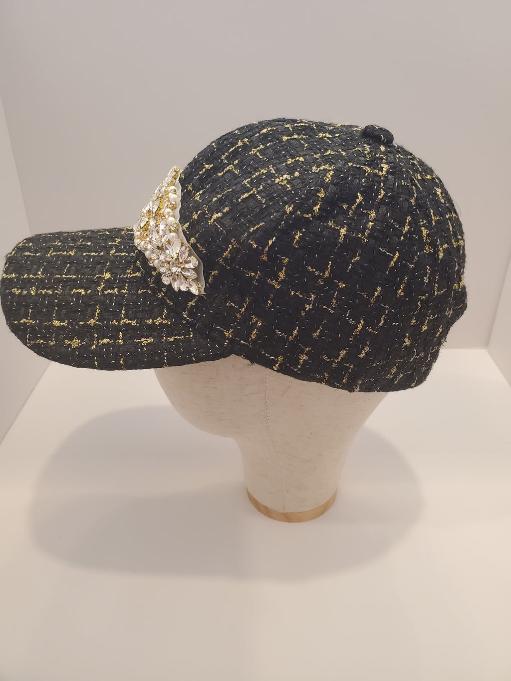 Black & Gold Tweed Crystal Cap – Luxe Handcrafted Baseball Hat