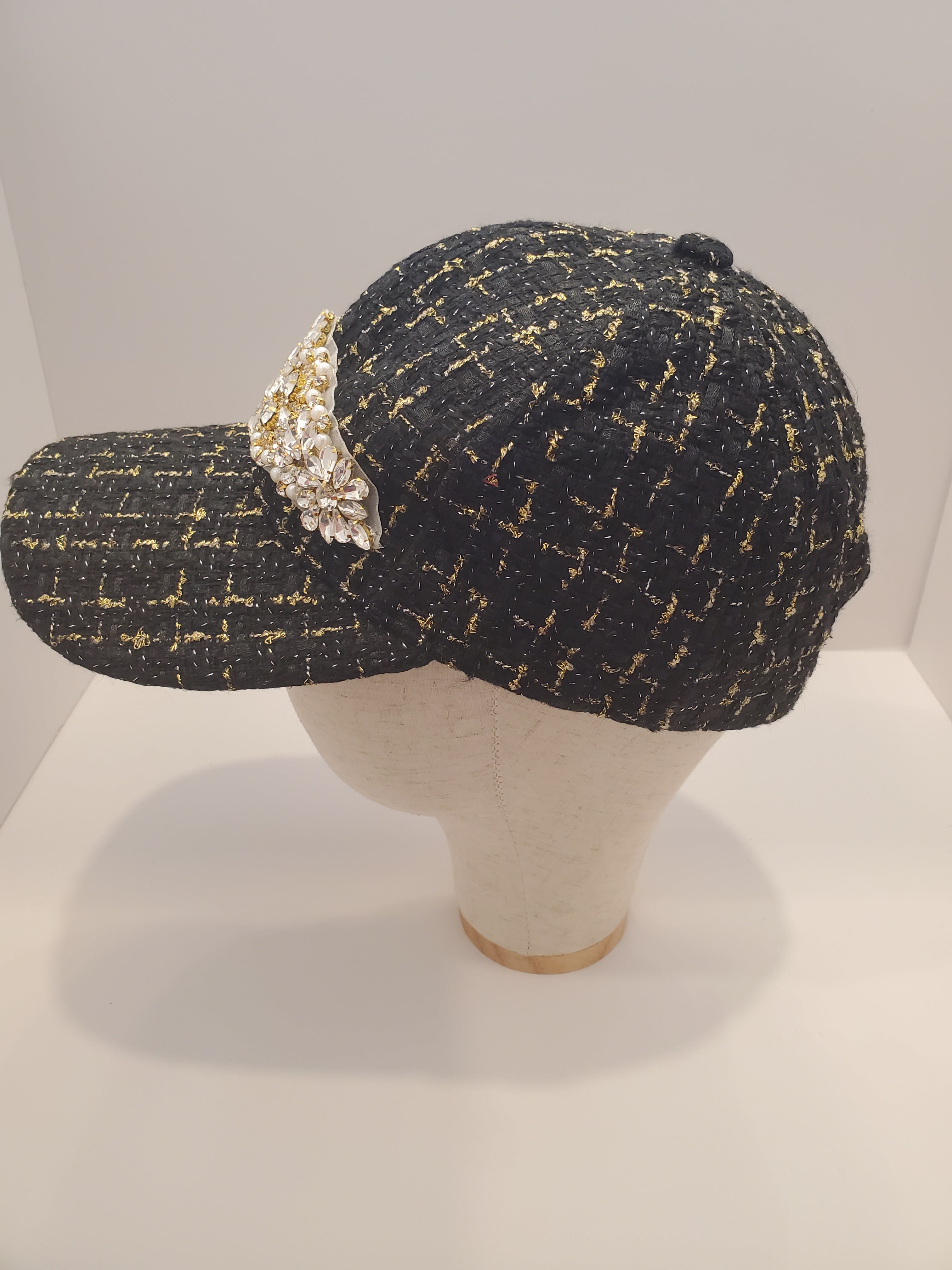 Black & Gold Tweed Crystal Cap – Luxe Handcrafted Baseball Hat