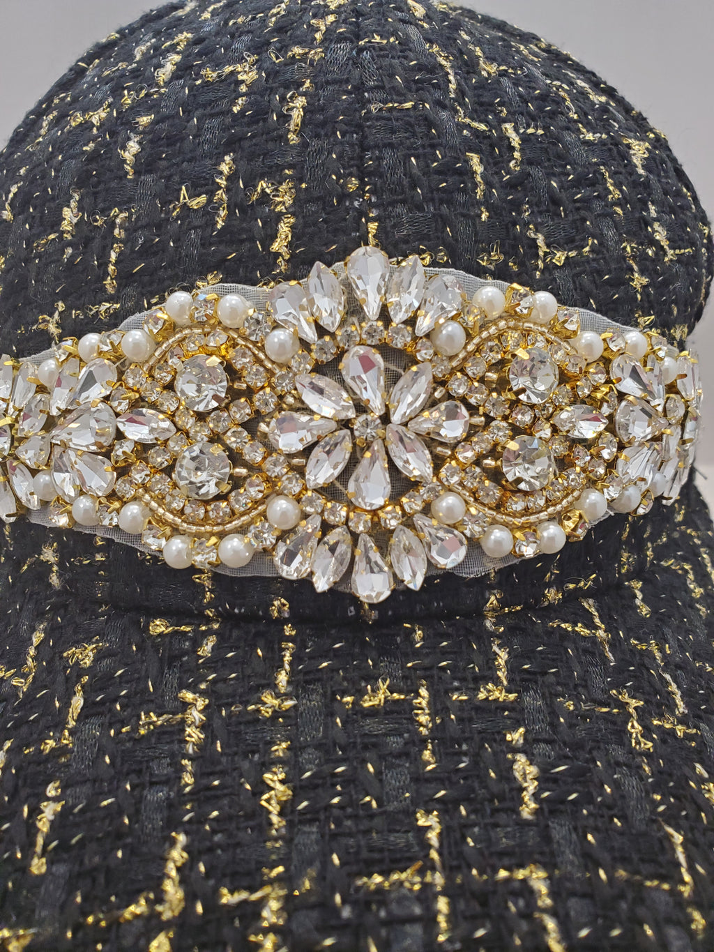 Black & Gold Tweed Crystal Cap – Luxe Handcrafted Baseball Hat