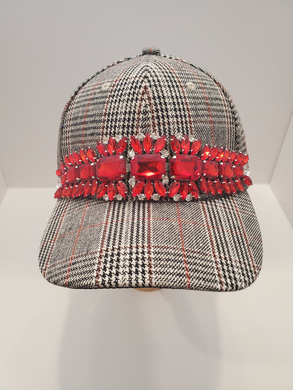 Plaid Baseball Cap with Red Crystal Embellishment