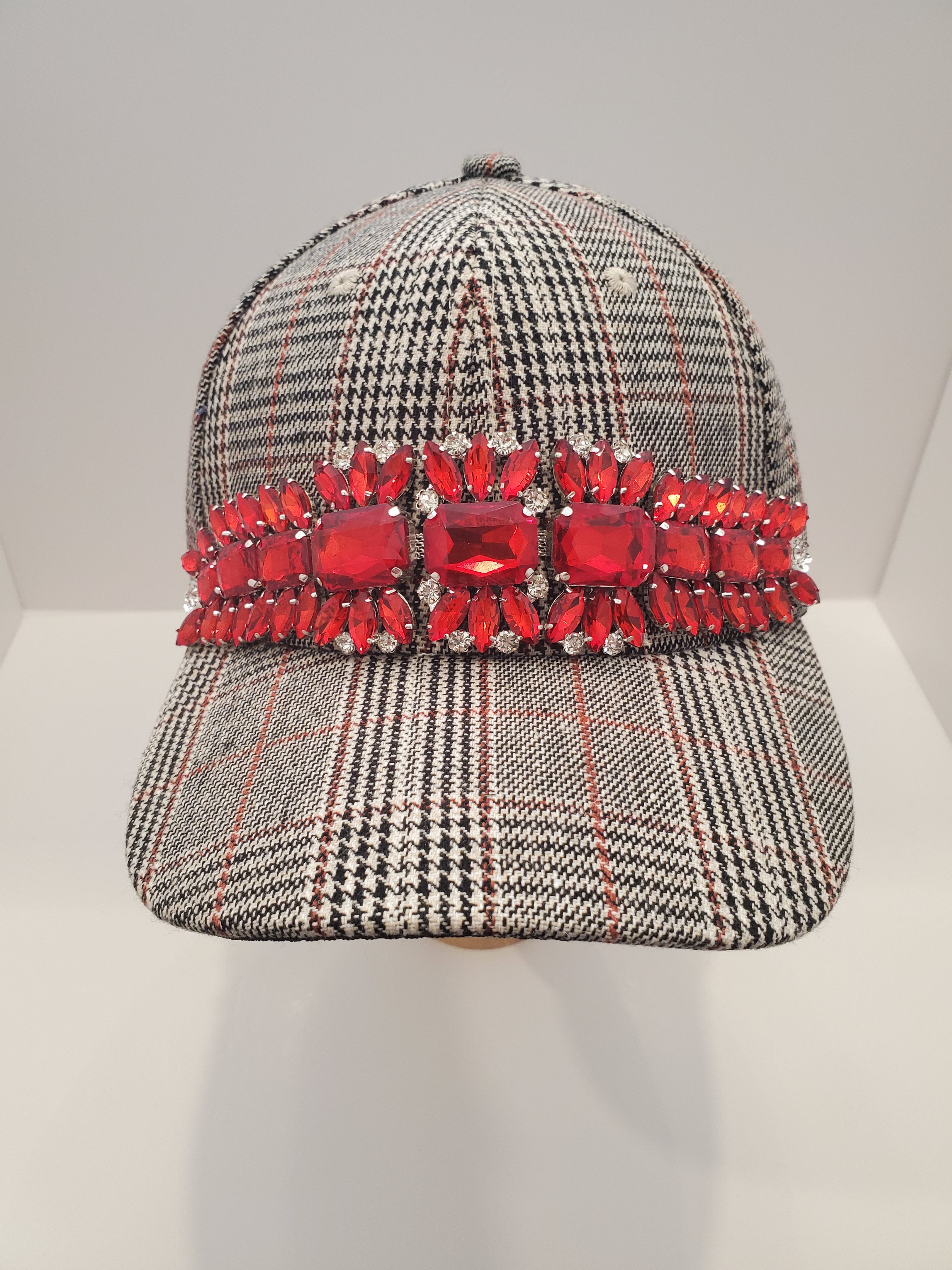 Plaid Baseball Cap with Red Crystal Embellishment