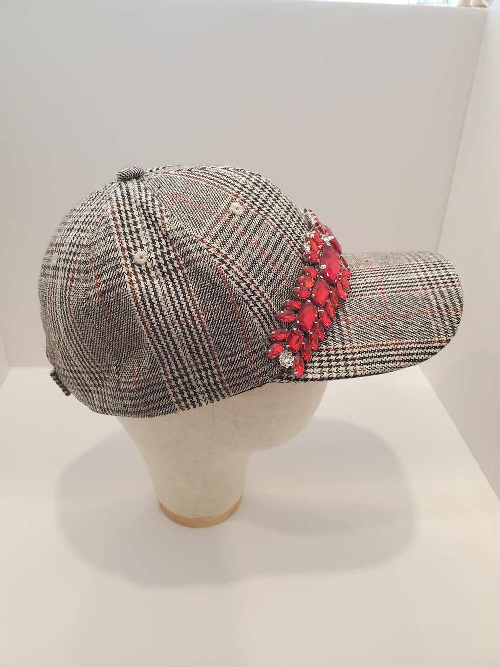 Plaid Baseball Cap with Red Crystal Embellishment