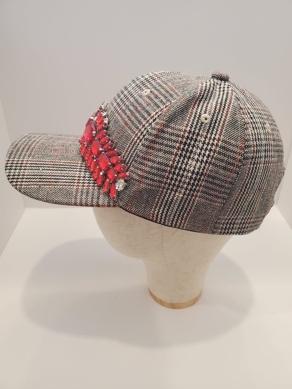 Plaid Baseball Cap with Red Crystal Embellishment