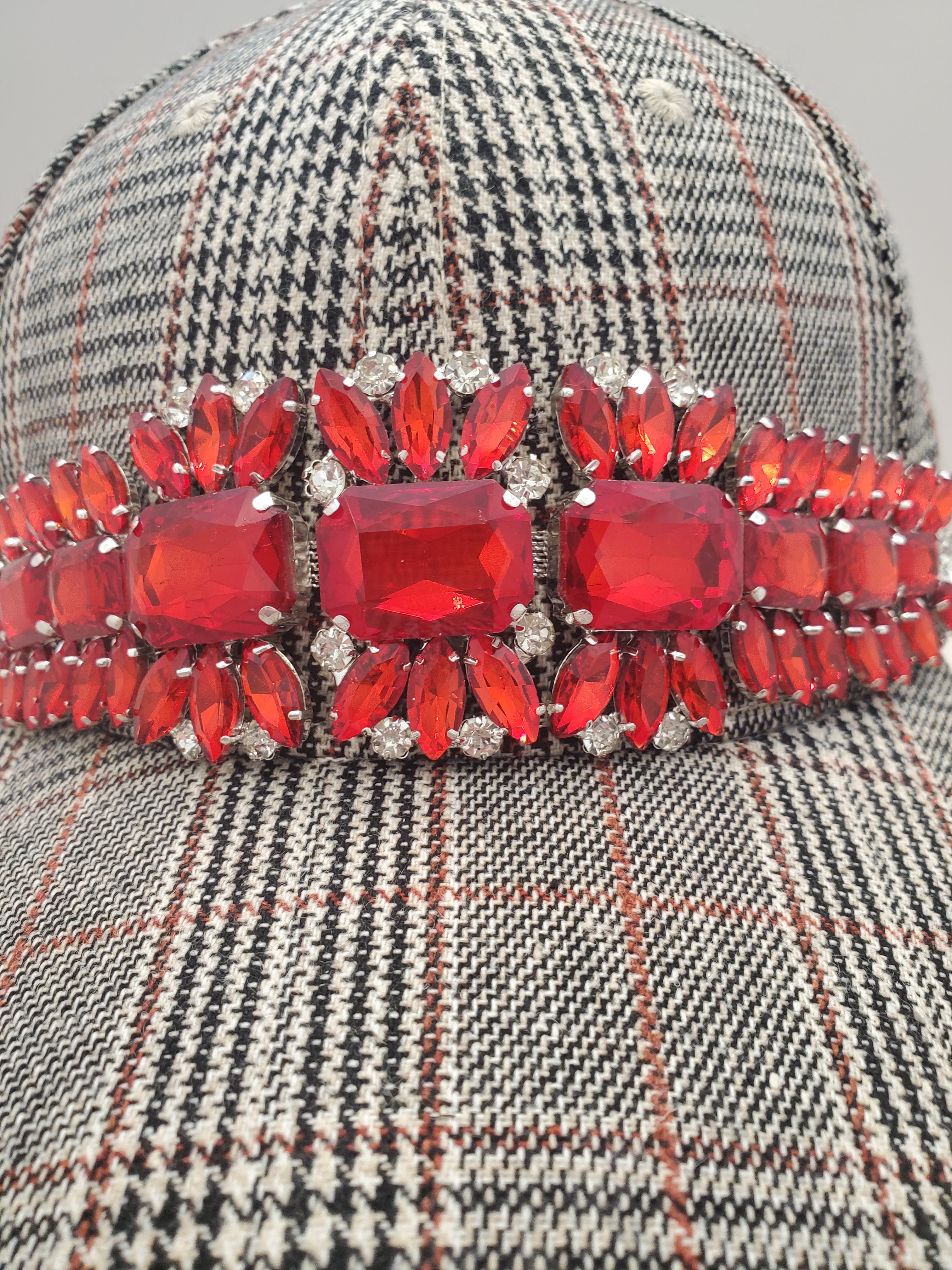 Plaid Baseball Cap with Red Crystal Embellishment