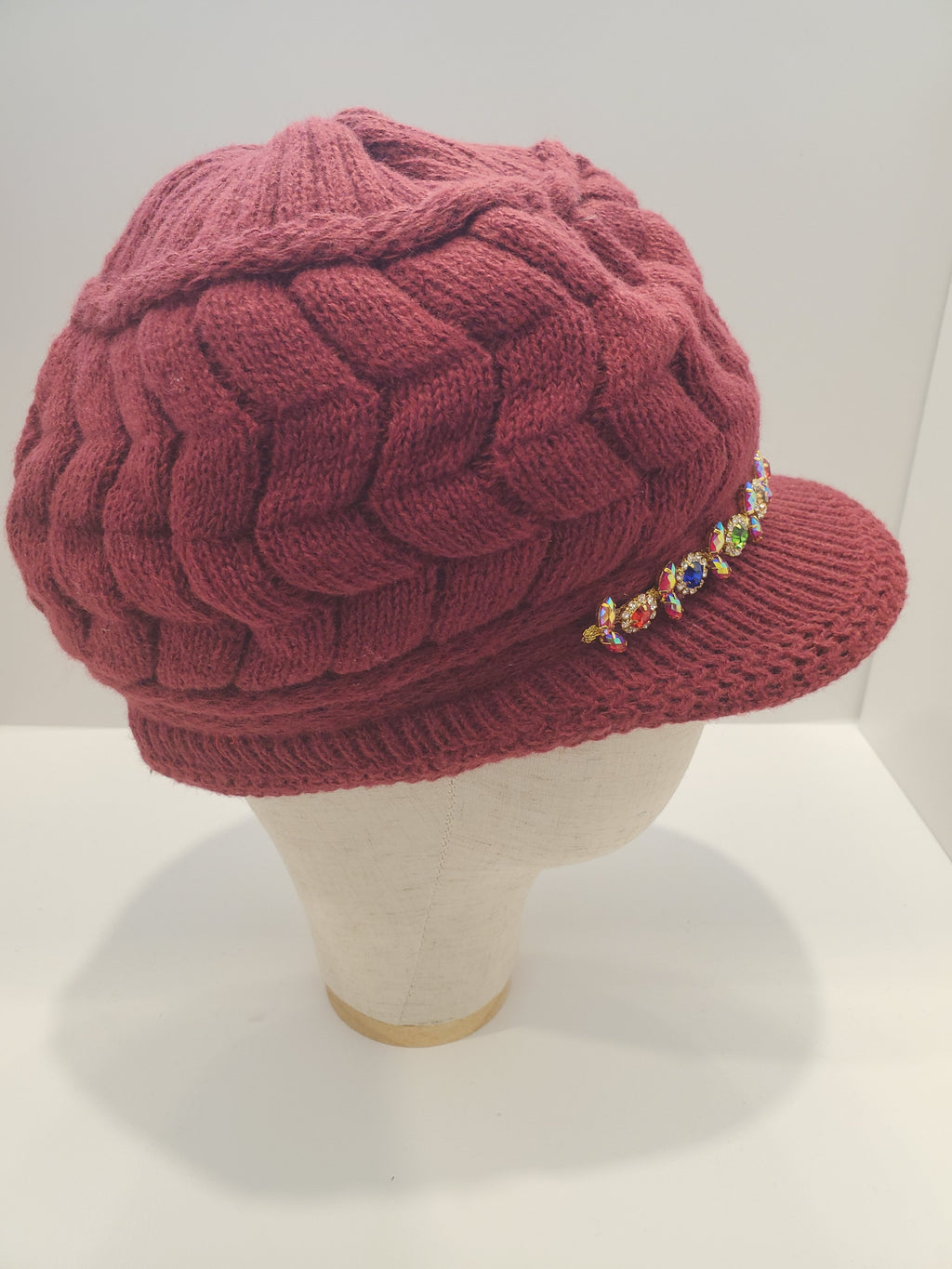 Wine Cable Knit Brim Beanie with Jewel Accent & Fleece Lining