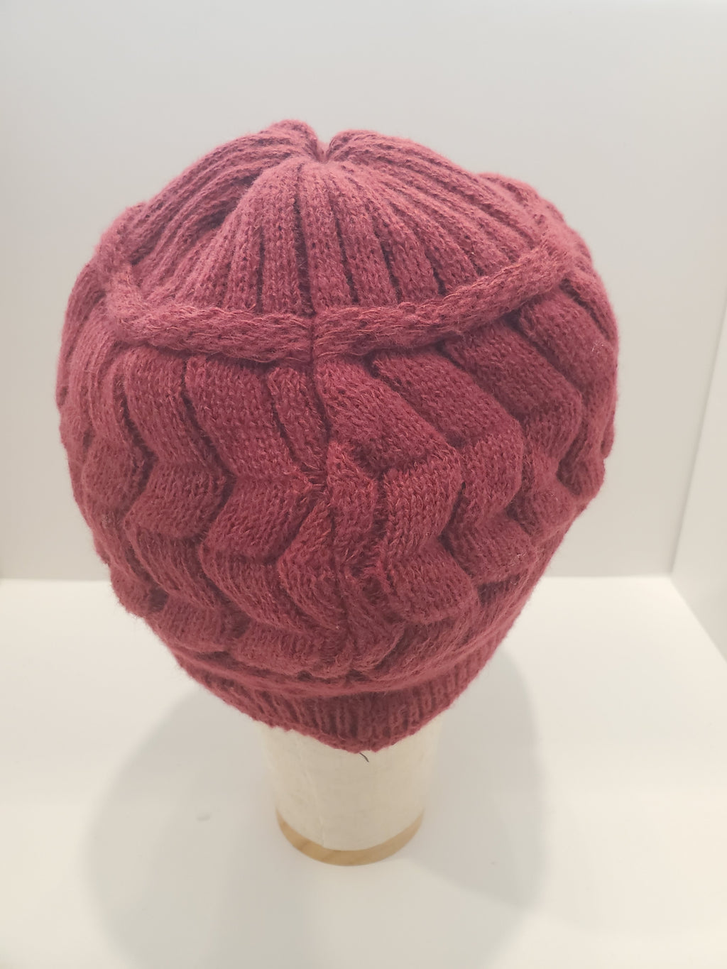 Wine Cable Knit Brim Beanie with Jewel Accent & Fleece Lining