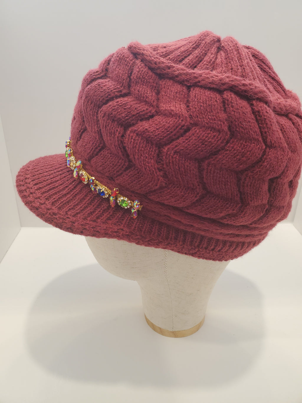 Wine Cable Knit Brim Beanie with Jewel Accent & Fleece Lining