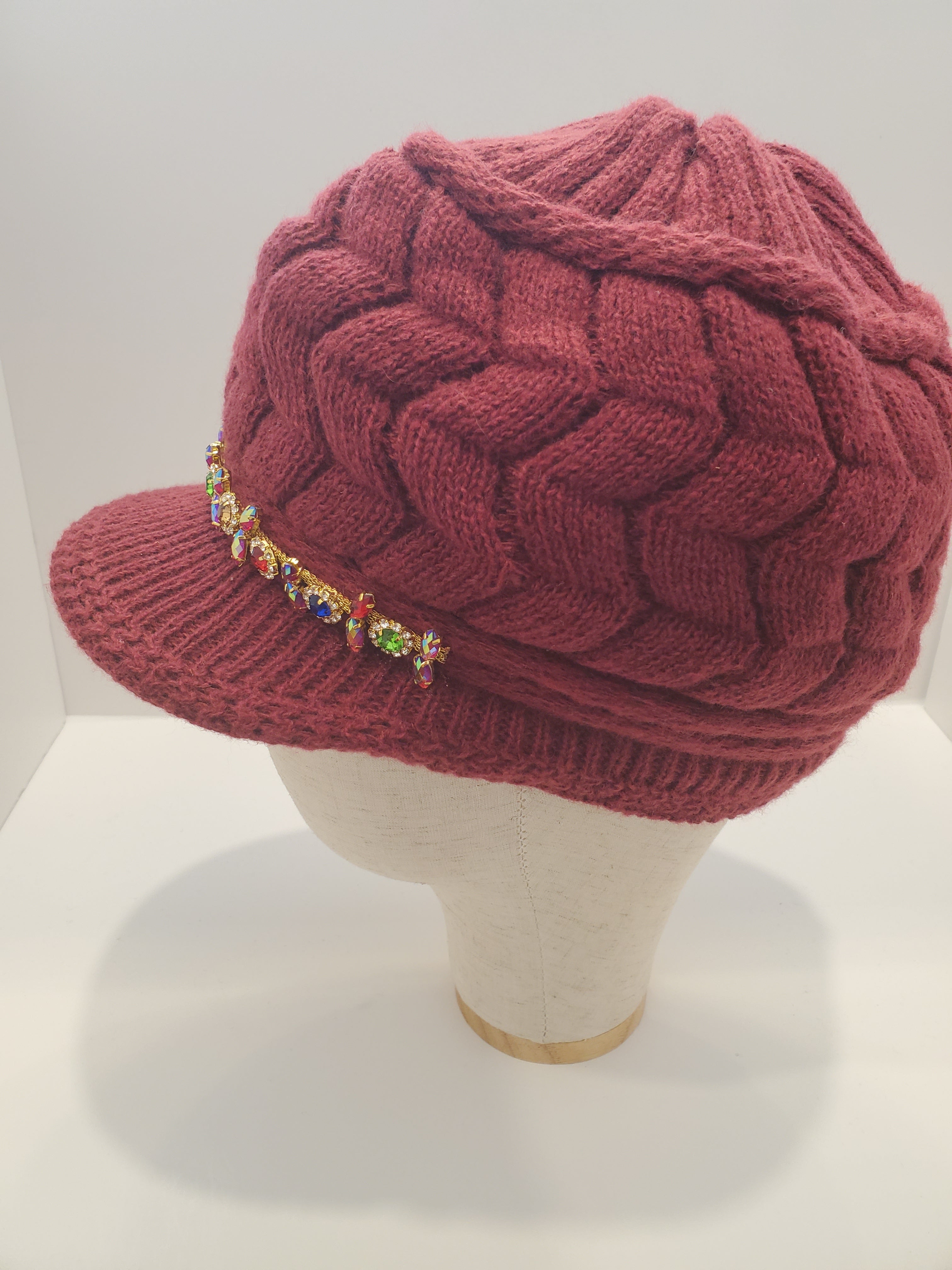 Wine Cable Knit Brim Beanie with Jewel Accent & Fleece Lining